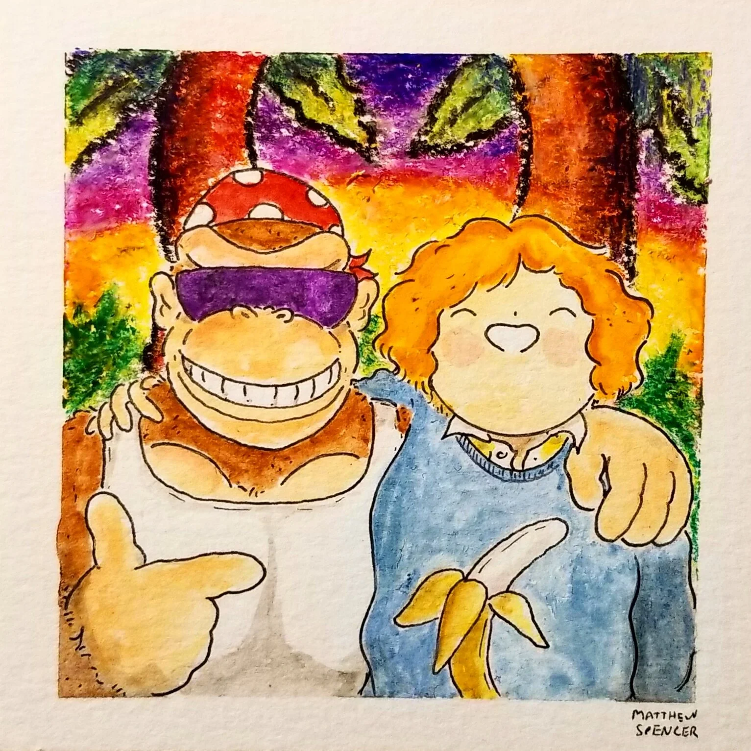 Me and Funky Kong, Florida 2004 (2019, 4x4, Watercolor/Ink/Crayon)