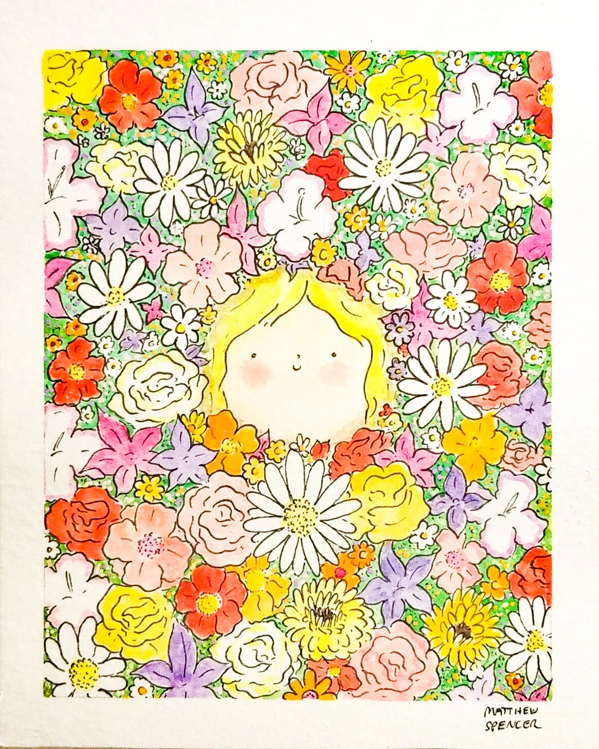 Hidden in the Flowers (2019, 4x5, Watercolor/Ink)