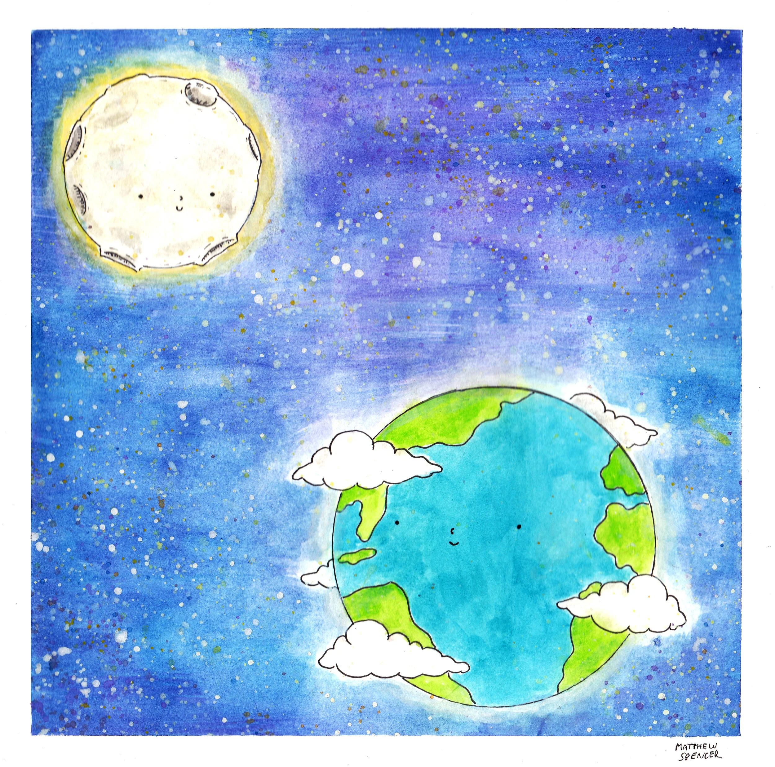 Gaia and Luna (2019, 7x7, Watercolor/Ink)