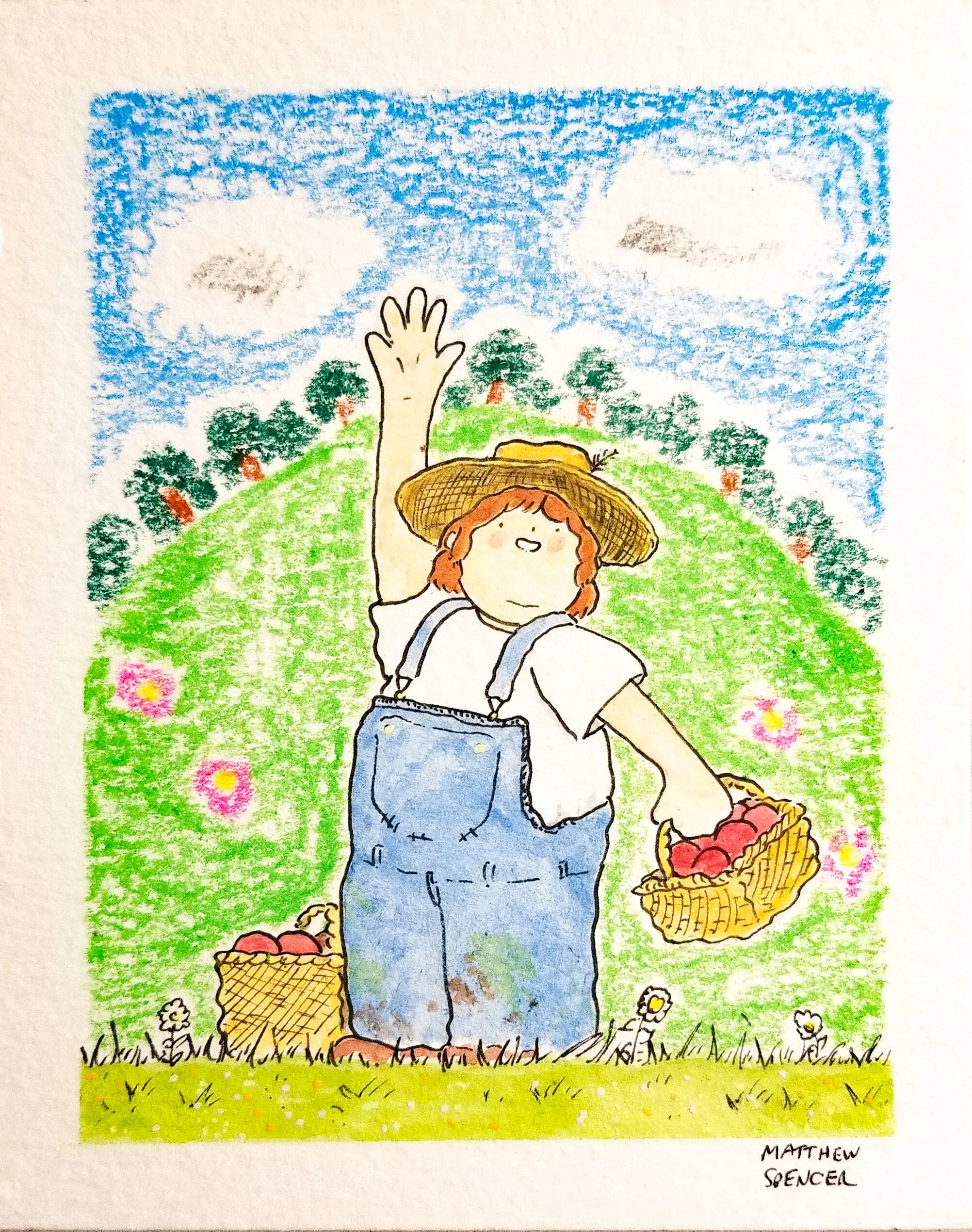 Apple Dumples Waving Hello (2019, 4x5, Watercolor/Ink/Crayon)
