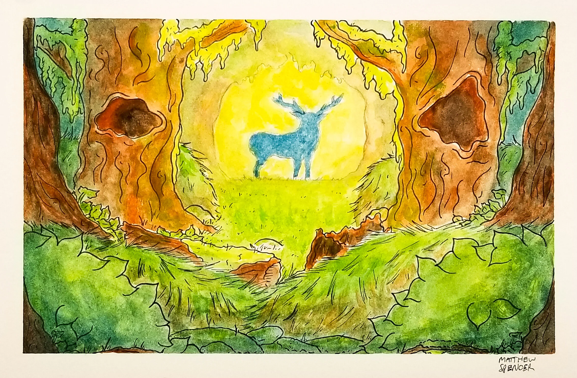 Met a Forest God (2018, 4x6, Watercolor/Ink)