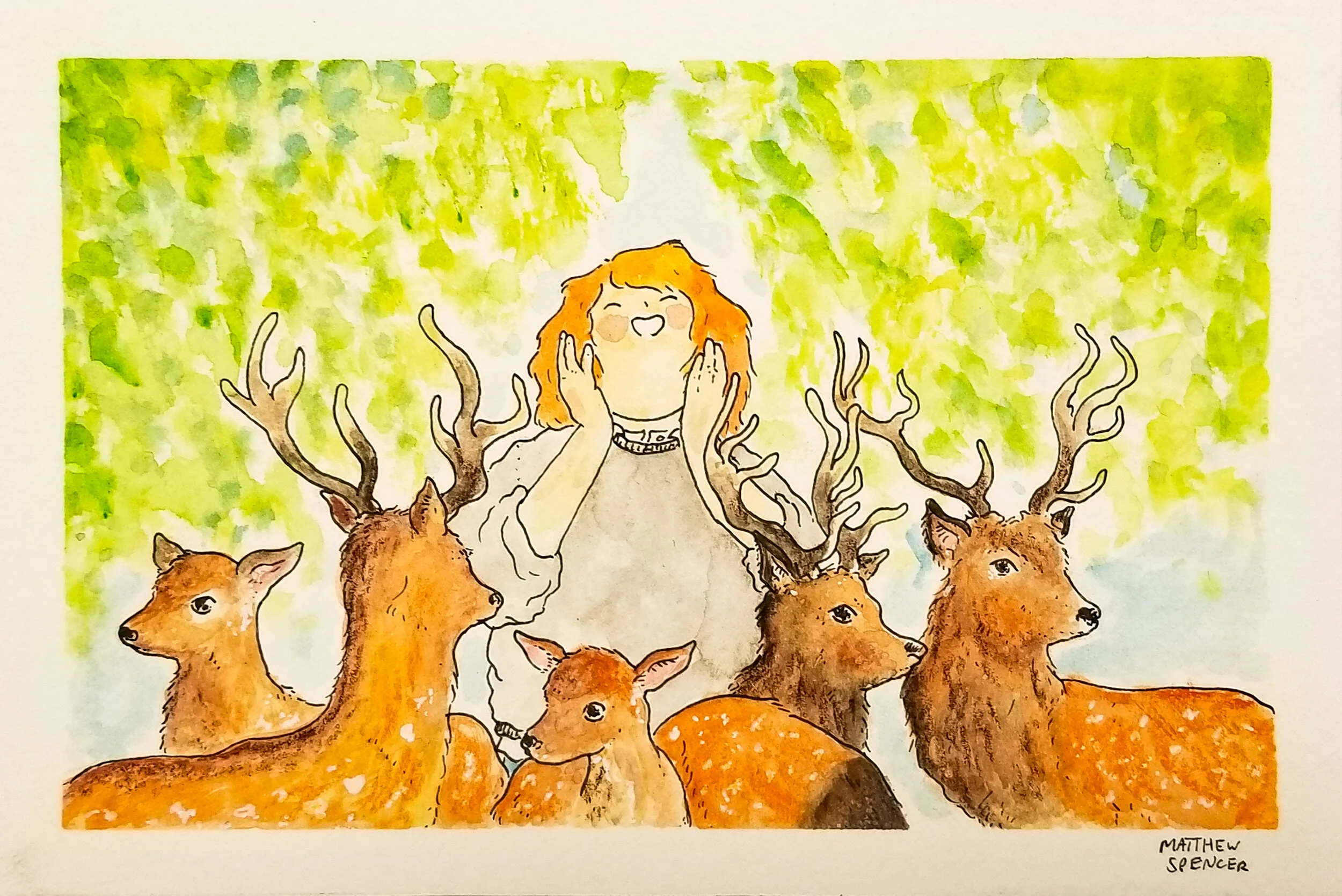 Met A Bunch of Deer, Freaked Out (2019, 4x6, Watercolor/Ink)