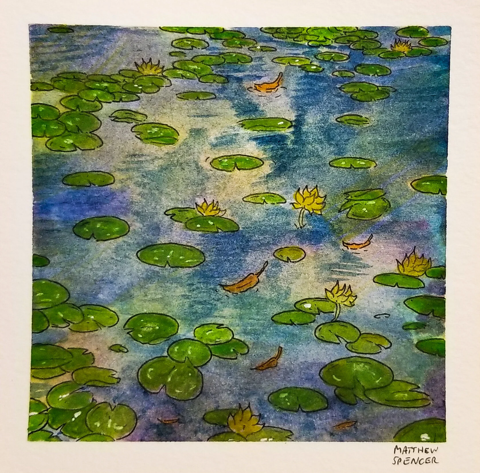 Water with Lilypads (2019, 4x4, Watercolor/Ink)