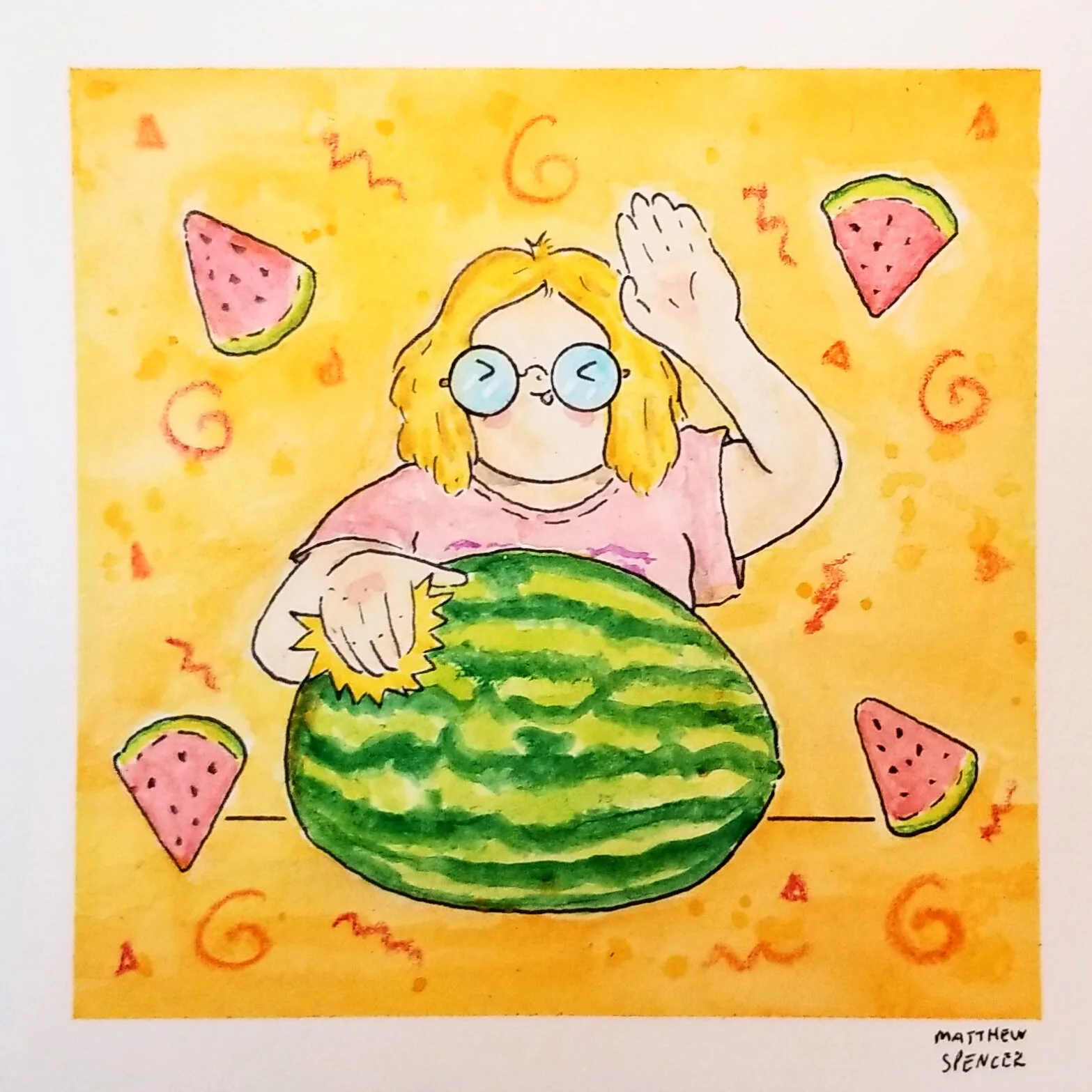 Slapping Da Melon (2019, 4x4, Watercolor/Ink)