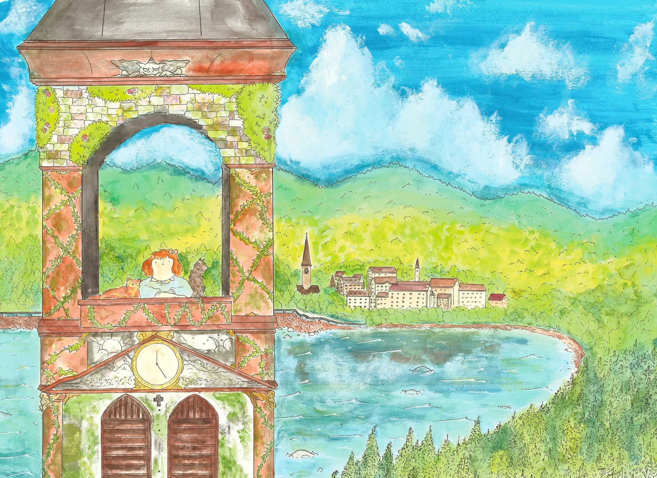 Up in the Clocktower (2019, 18x24, Watercolor/Ink/Acrylic)