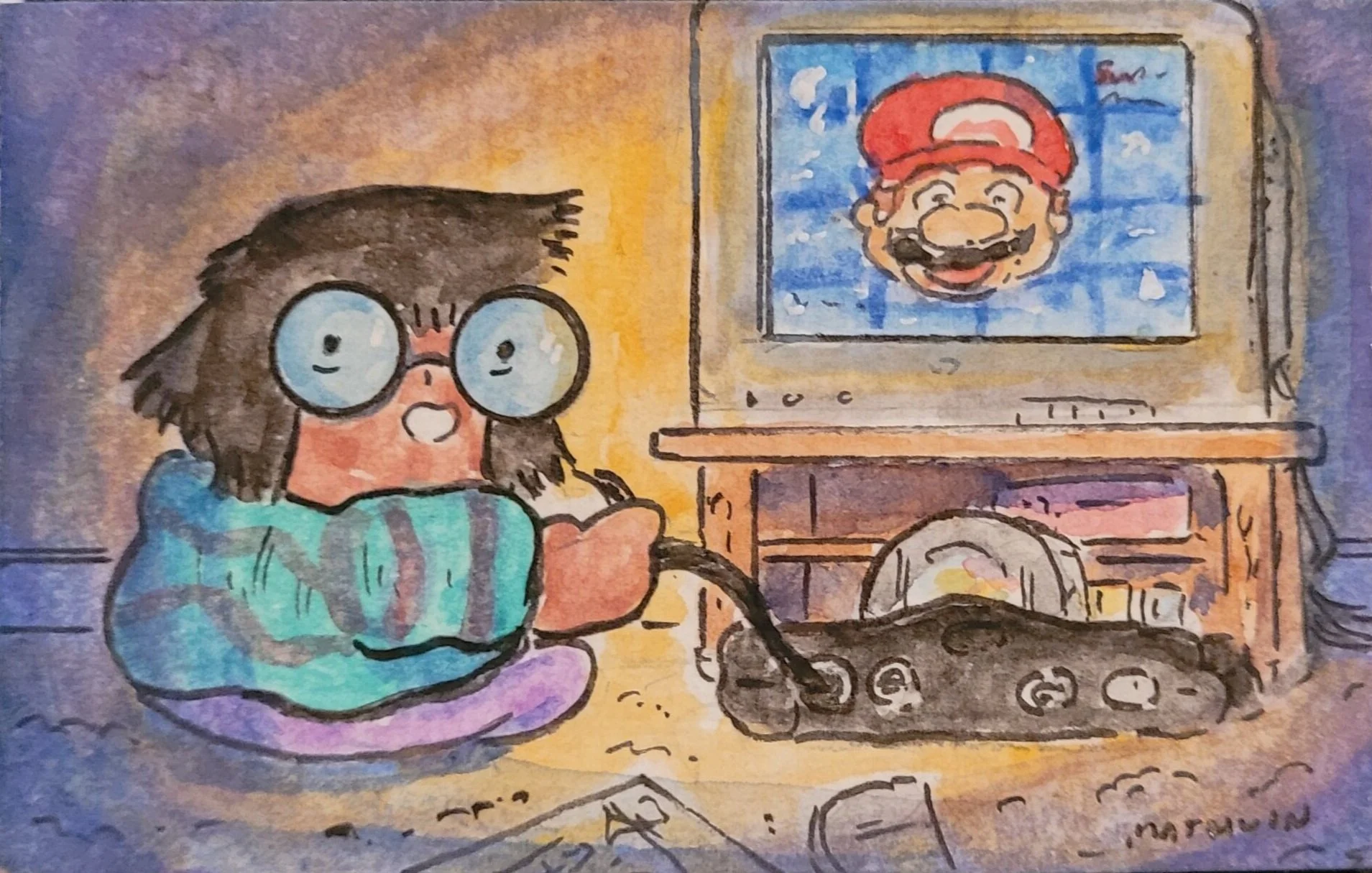 4 AM Playing Mario (2023, Gouache, 2.5x3) 