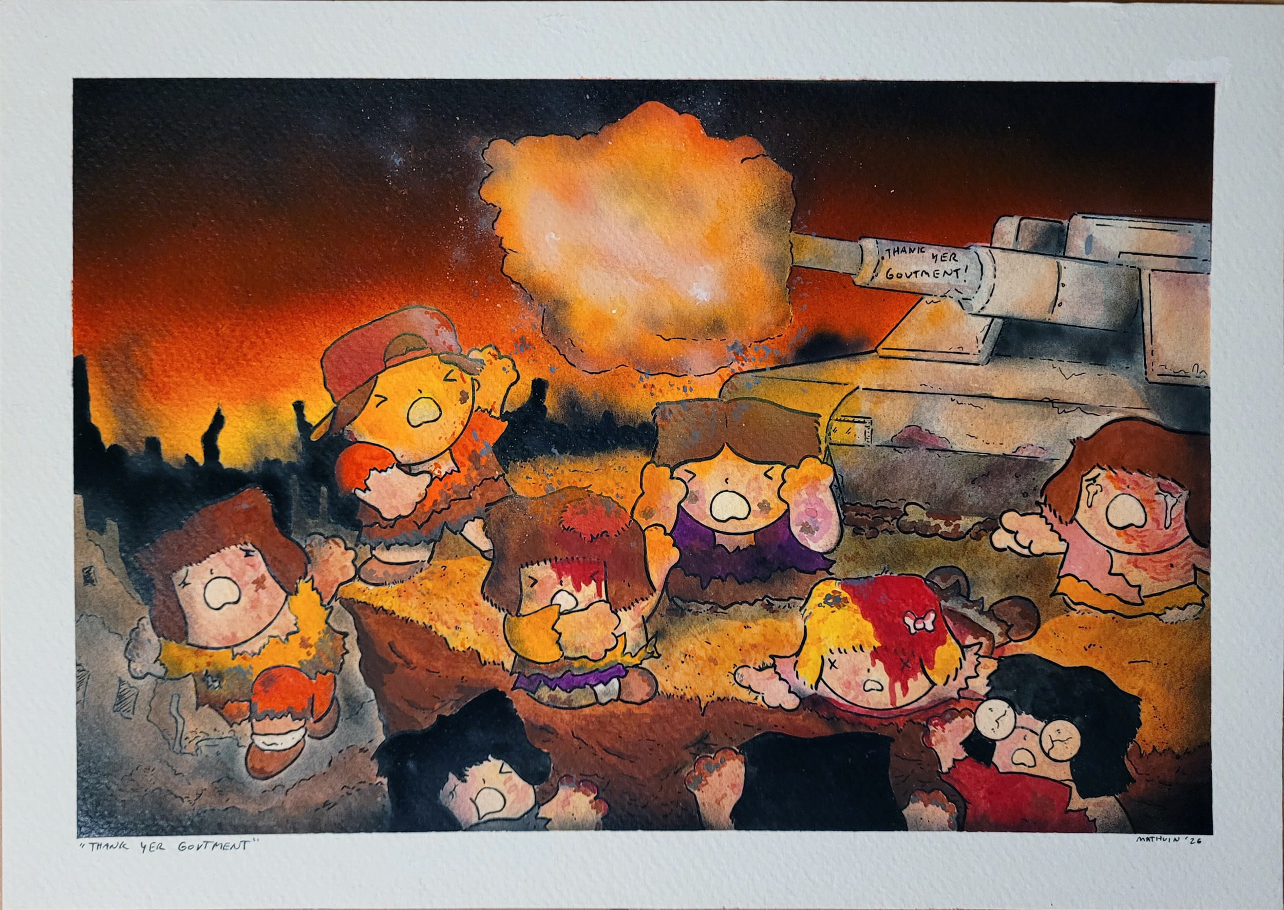 Thank Yer Govtment (2026, 8.5x12, Airbrush/Gouache)