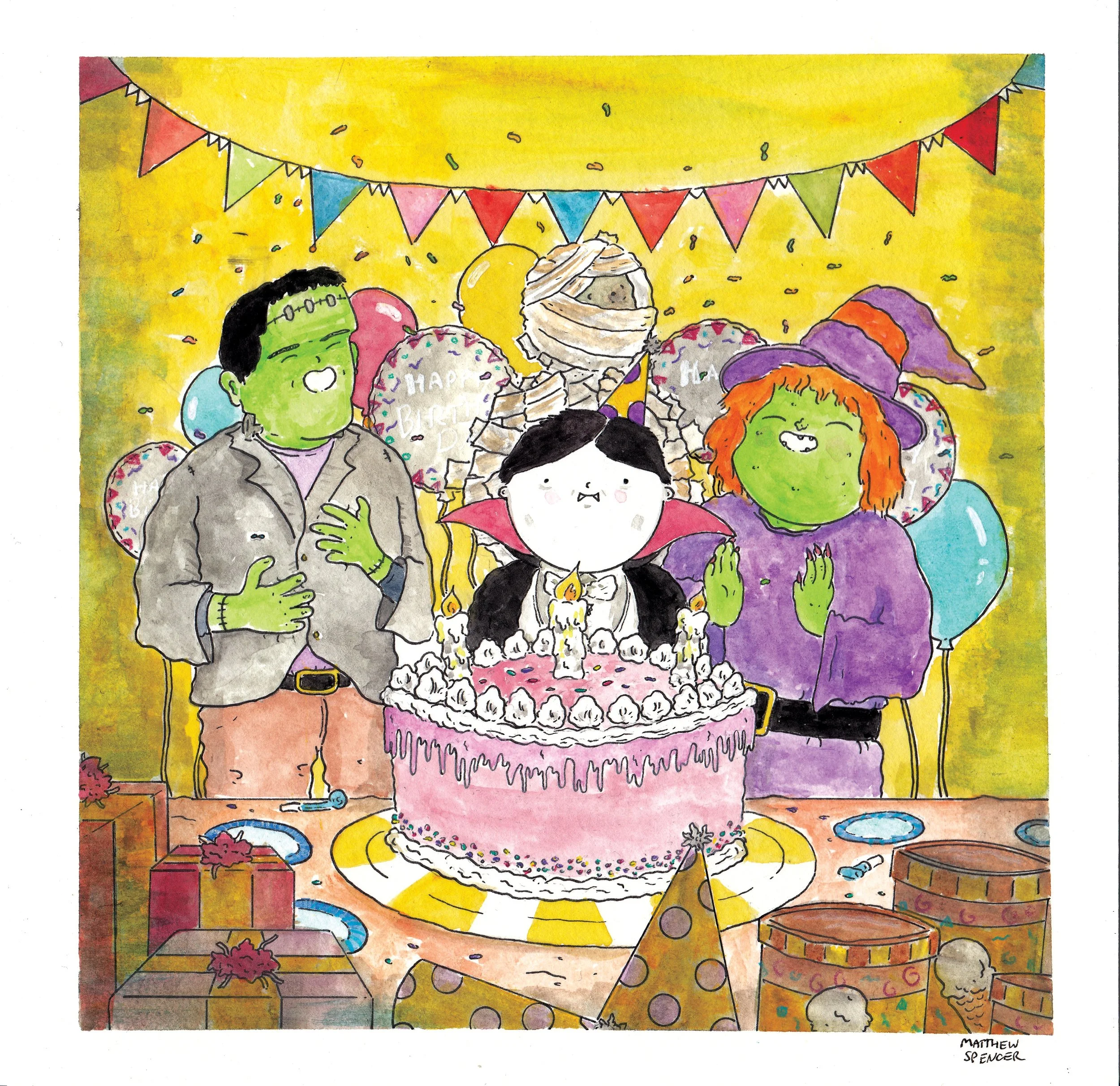 Dracula's Birthday Party (2019, 8x8, Watercolor/Ink)