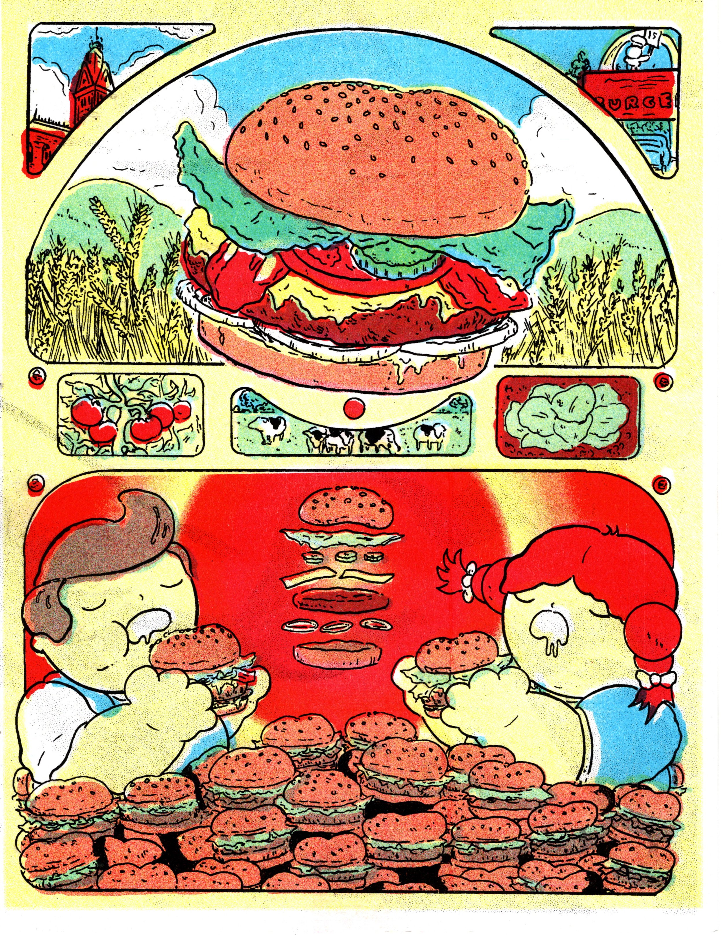 Burgertime (2024, 8.5x11, Risograph) - CMYK Printing (with Red)