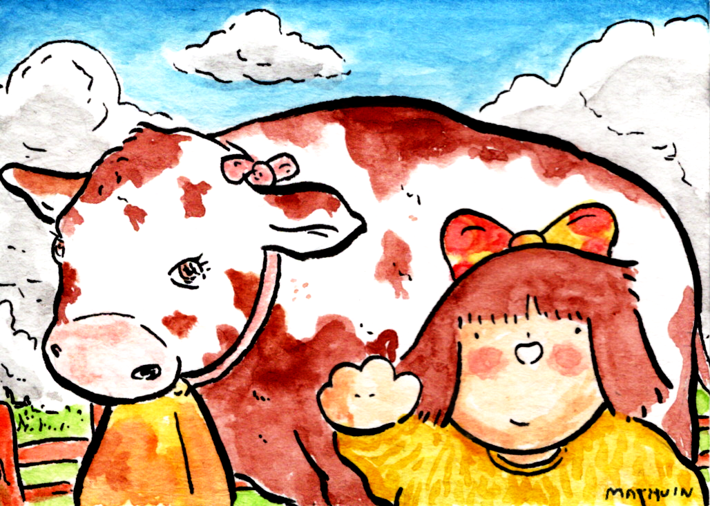 Me and Da Cow (2022, 2.5x3, Watercolor/Ink)