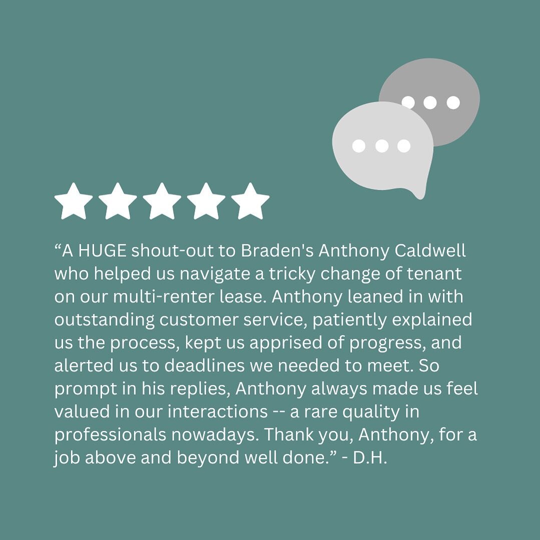 We&rsquo;re so happy to hear you had a great experience working with our Senior Property Manager, Anthony! 

#cvillepropertymanagement #cvillepropertymanager #cvillerentalhomes #bradenpropertymanagement #bradenpropertyteam #cvillelocal