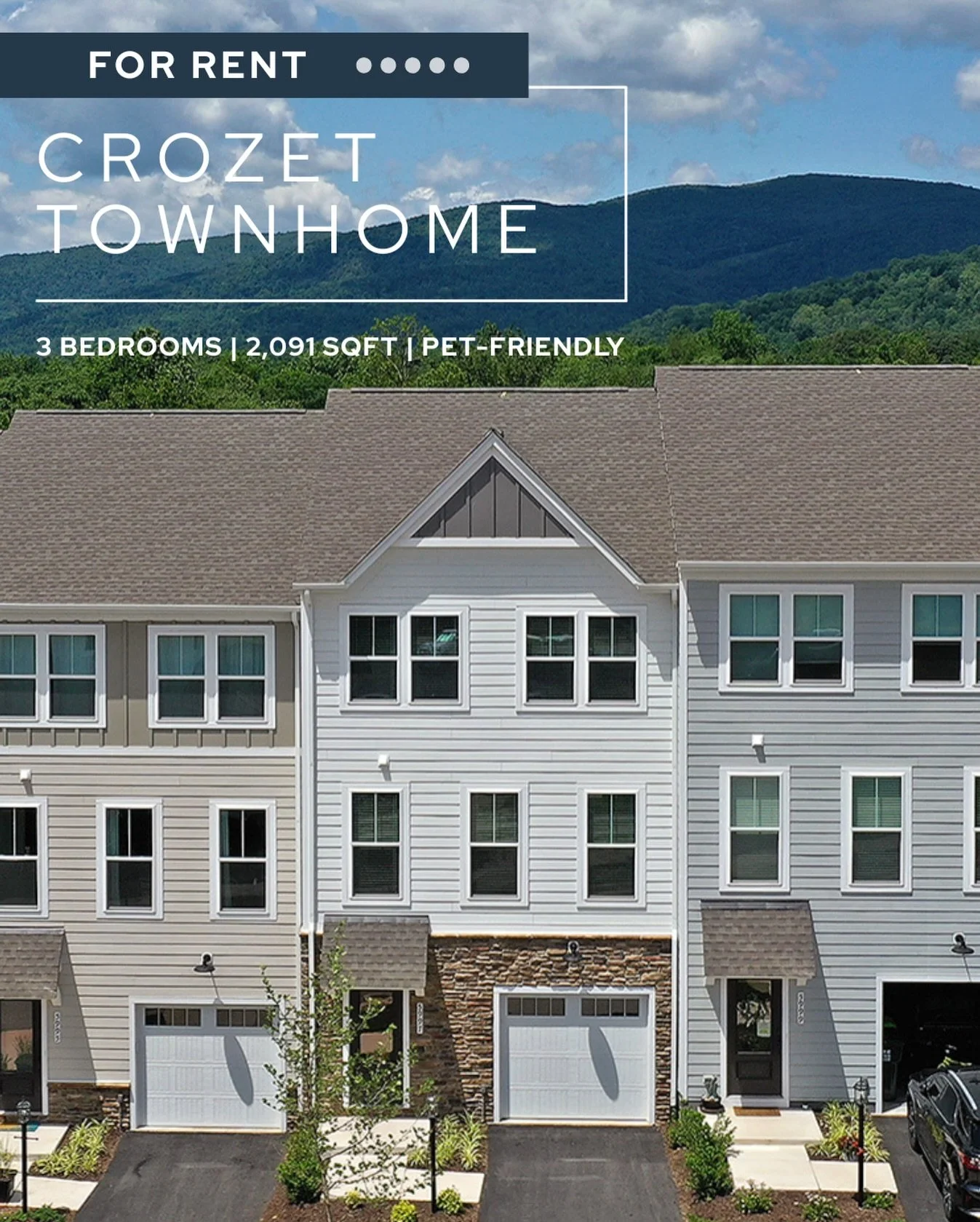 For Rent in Crozet! 🔑 This pet-friendly 3 bedroom, 2.5 bath Pleasant Green townhome offers 2,091 sqft of light-filled living just minutes from downtown Crozet and the Blue Ridge Mountains. Built in 2023 by Stanley Martin, the home features an open m