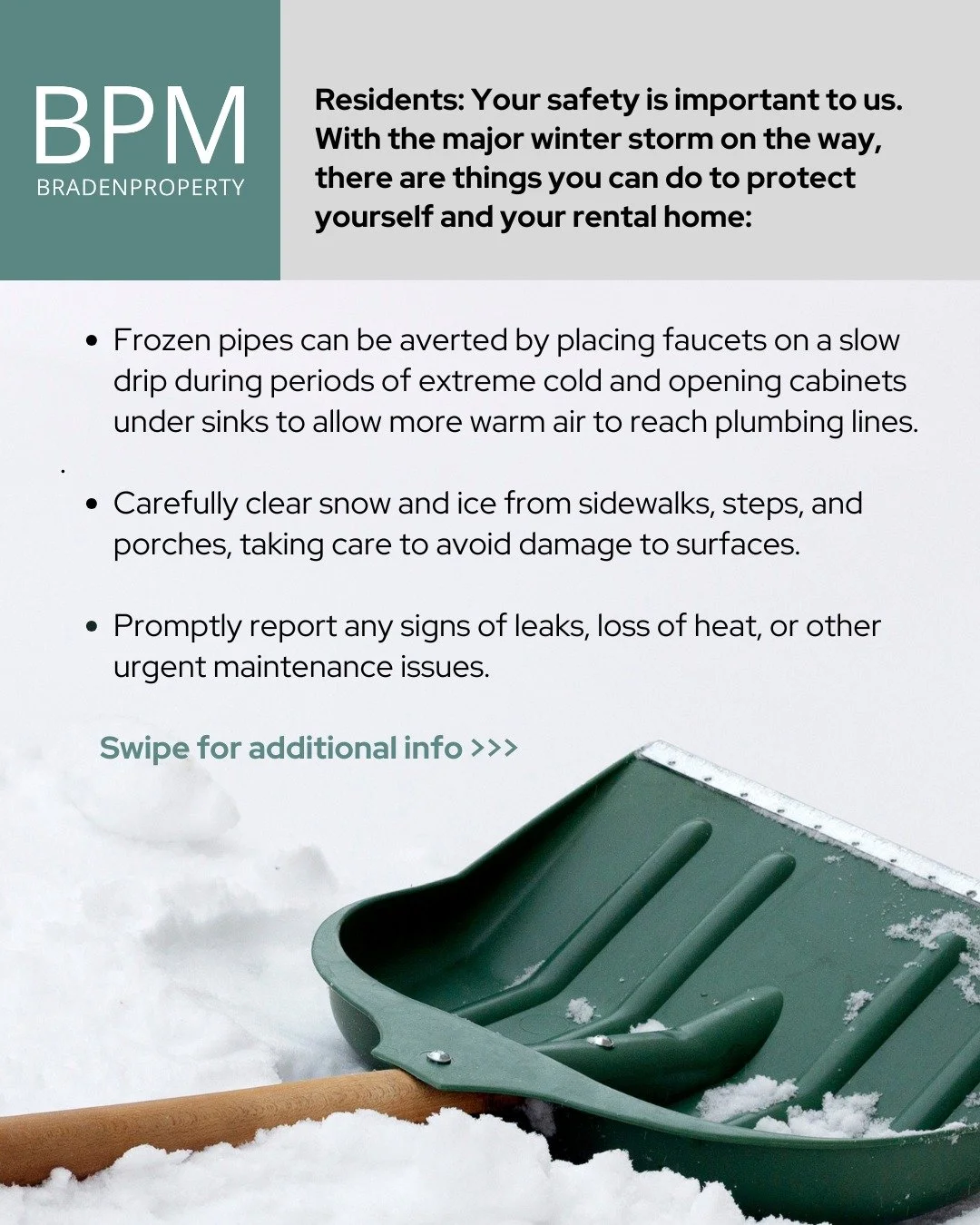 To our Braden Property residents ❄️
As winter weather approaches, please review these helpful safety reminders and emergency contact info. 

#BradenPropertyManagement #CvilleCommunity #CvilleResidents