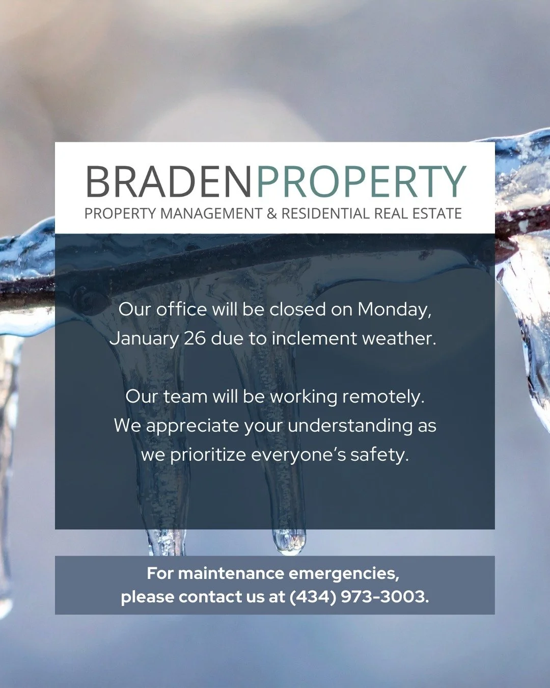 Winter weather calls for caution ❄️ Our team at Braden Property is working remotely today - thanks for your understanding, and drive safely if you have to go out.