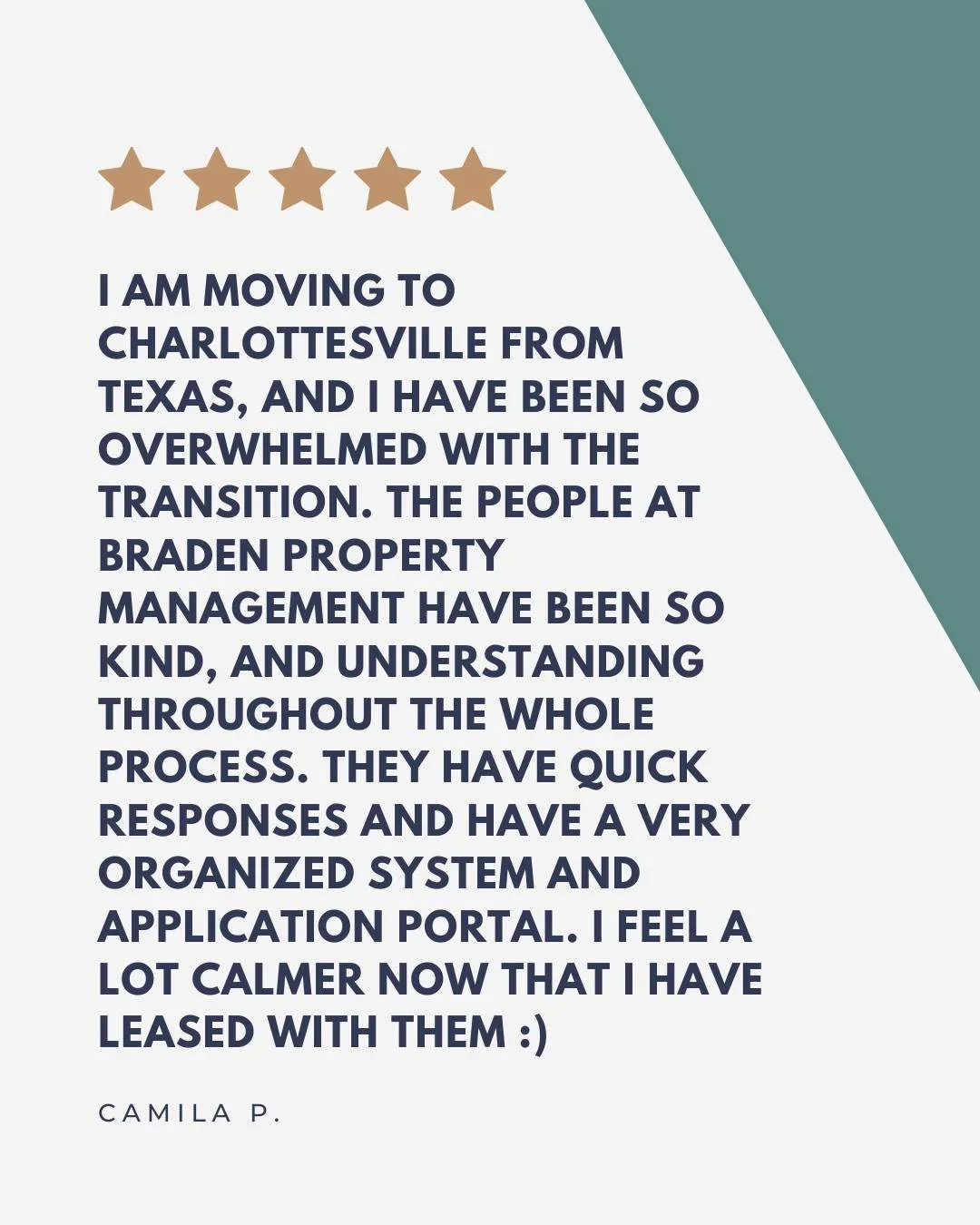 Reviews like this mean everything to our team 🤍

We&rsquo;re so excited to welcome you to Charlottesville, Camila! Safe travels, we&rsquo;ll see you soon ✨

#CharlottesvilleLiving #HappyResidents #CvilleHomes #CvilleLiving #CvillePropertyManagement