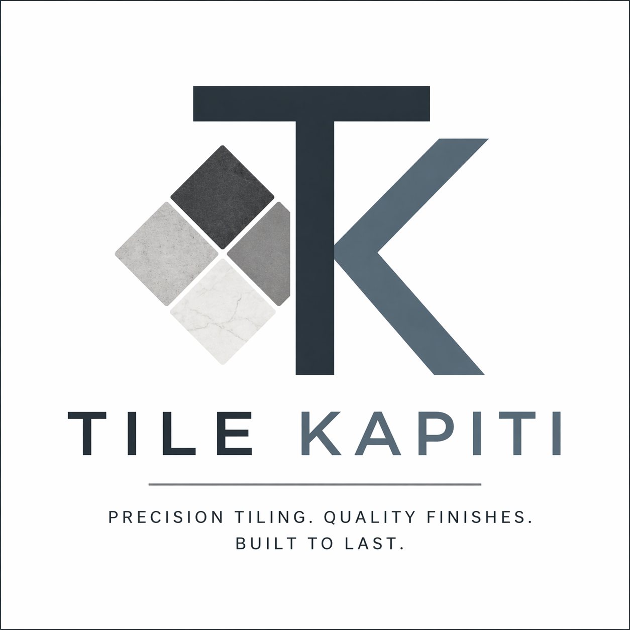 Logo for Tile Kapiti, showing a large 'T' and 'K' with a tile pattern in the background, and text reading 'Tile Kapiti' and 'Precision tiling, quality finishes, built to last.'