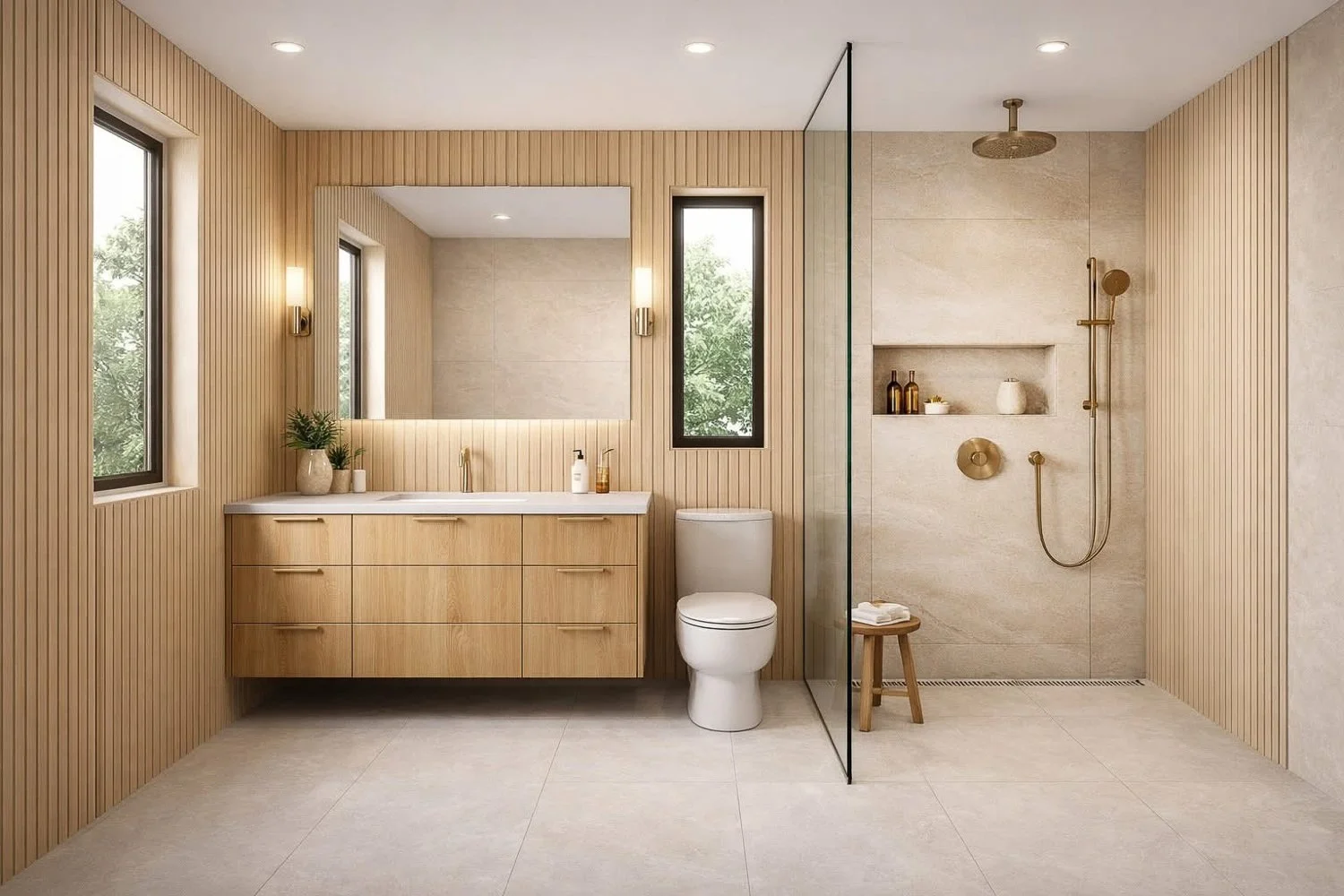 Modern bathroom with wooden paneling, large mirror, white sink, potted plant, handsome gold fixtures, toilet, and a spacious walk-in shower with beige tiles and a glass partition.