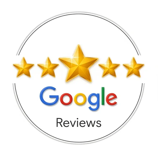 Google reviews badge with five gold stars and the word 'Reviews' underneath.