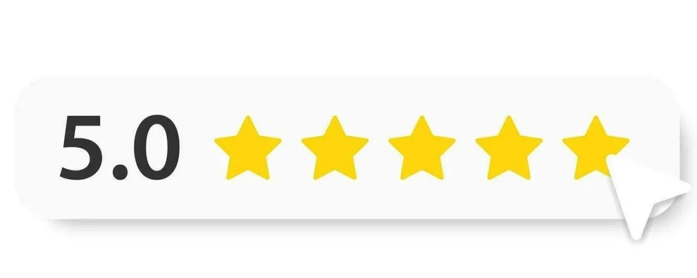 A 5-star review icon with a rating of 5.0 out of 5 stars, featuring five yellow stars and a white cursor pointing to the last star.
