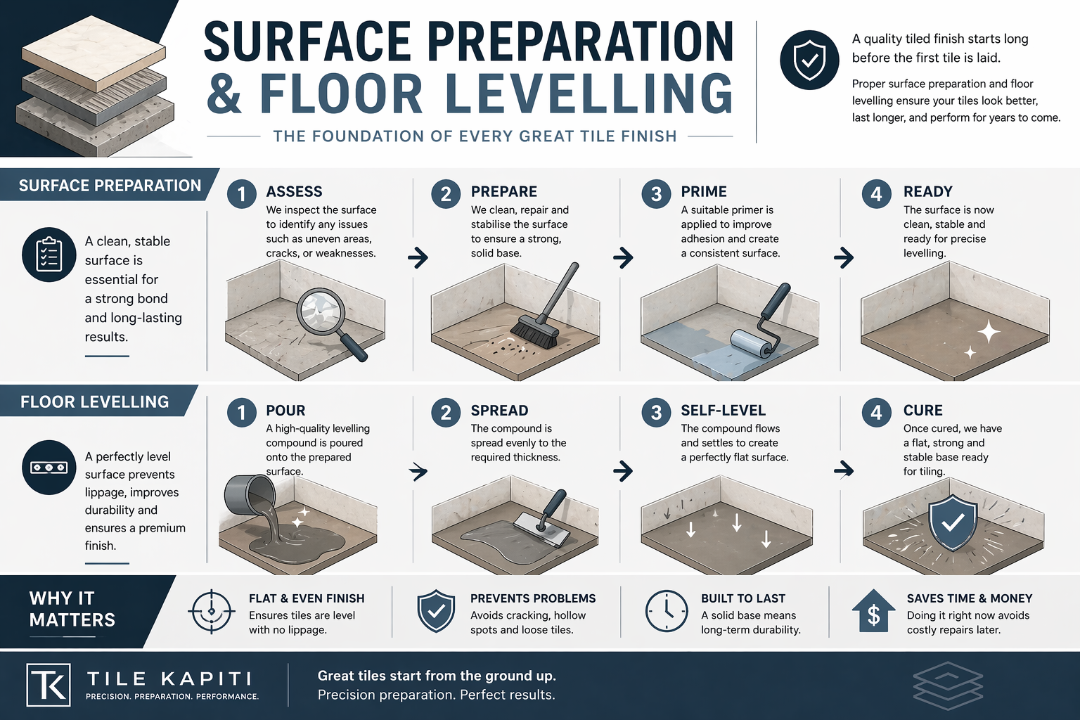 An infographic illustrating the steps for surface preparation and floor leveling for tiles, including assessments, cleaning, priming, applying leveling compounds, spreading, self-leveling, curing, and final inspection.