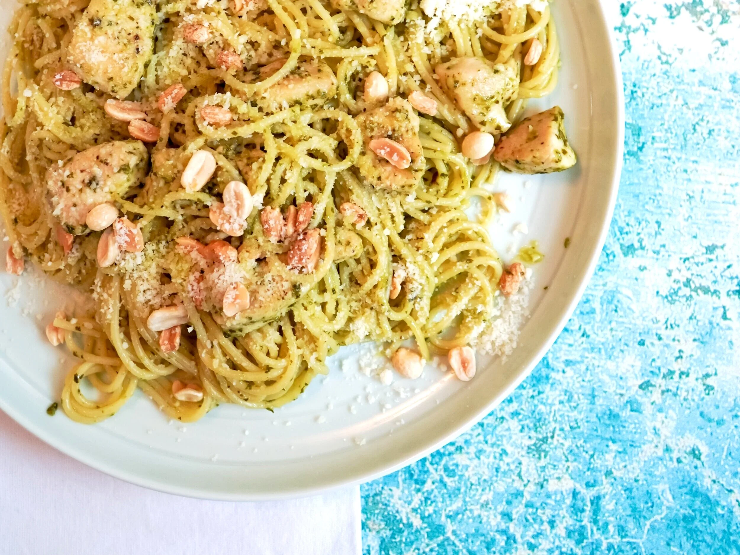 Spaghetti with Pesto, Chicken & Peanuts