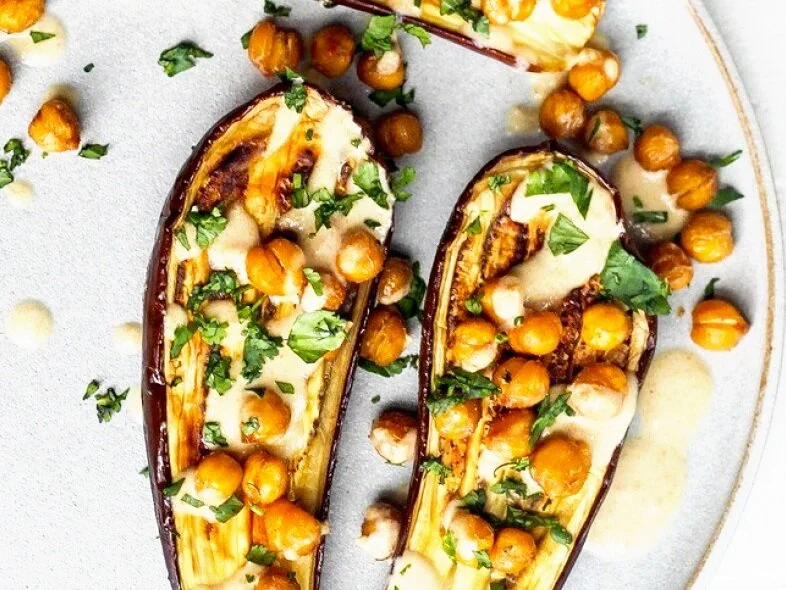 Eggplant & Crispy Chickpeas with Tahini