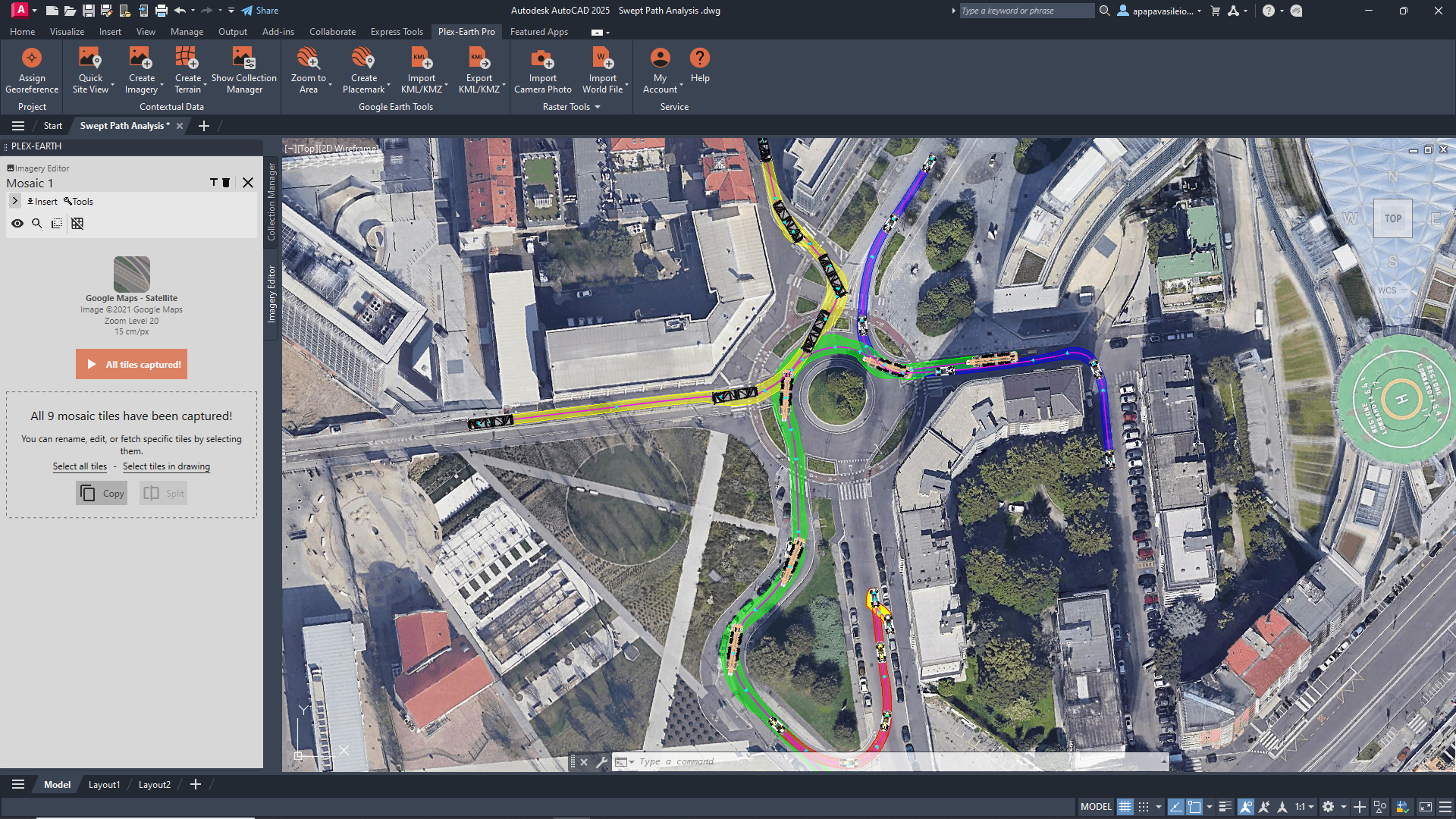 Screenshot of an AutoCAD Plex-Earth software interface displaying an aerial map of a water park. The map is divided into pink-titled tiles, with water park attractions, pathways, and surrounding areas visible.