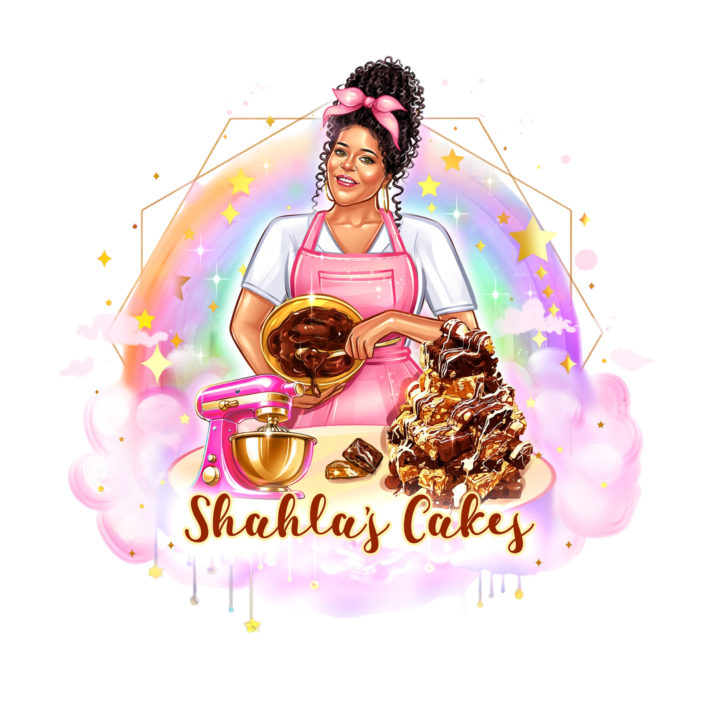 Shahla's Cakes logo illustration of a baker mixing chocolate with brownies and stand mixer