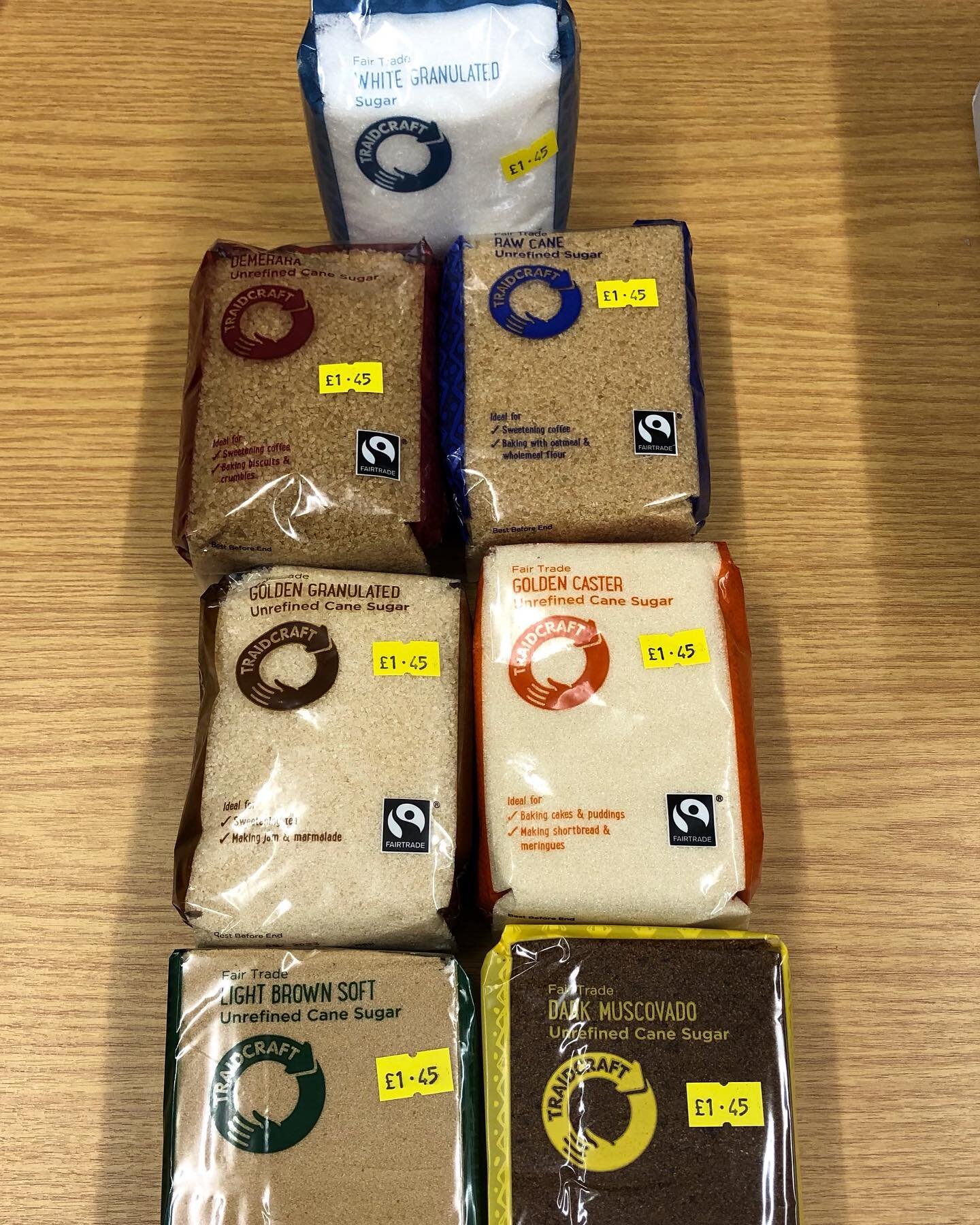 All varieties of sugar now back in stock! #fairtrade #sugar #traidcraft