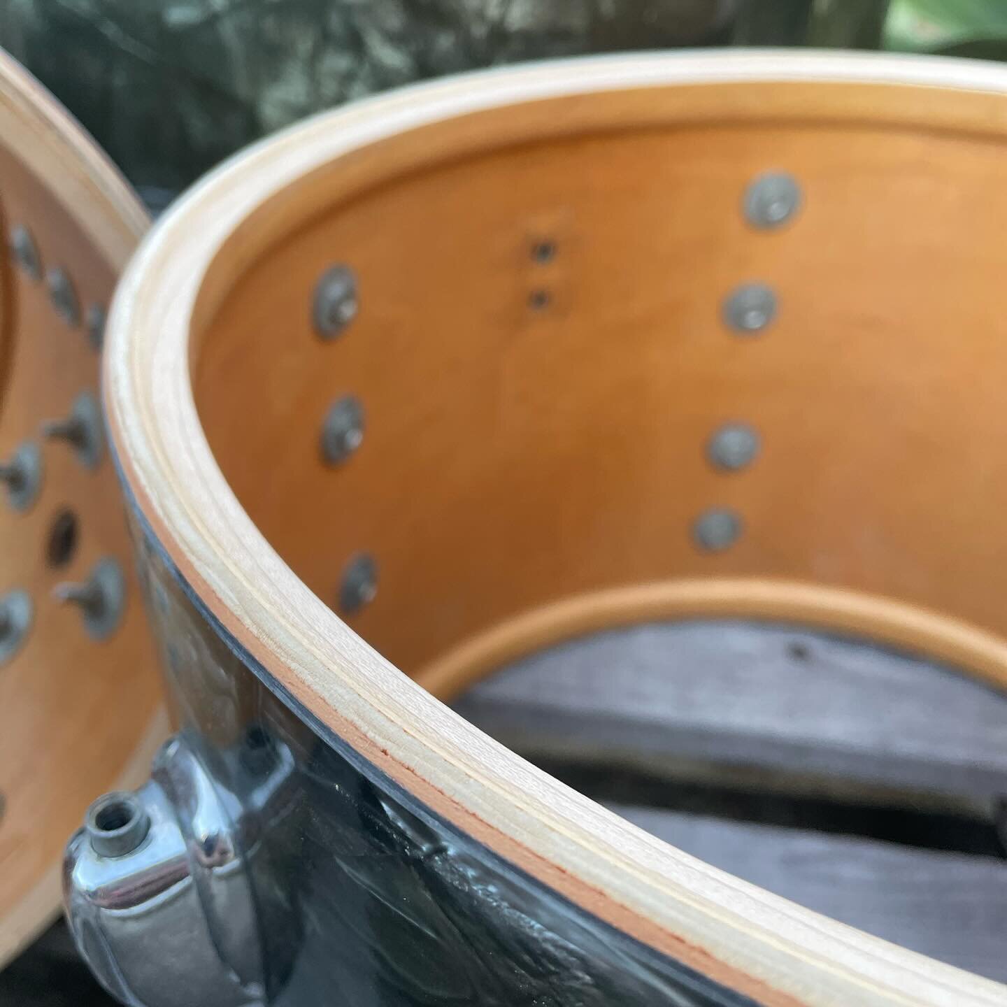 Slingerland kit stopped by for some edge correction. 
The original edges were quite worn and had a lot of filler putty which was crumbling away. 
Shells were squared off before re-cutting to original spec. Nice and tidy now and much more user friendl