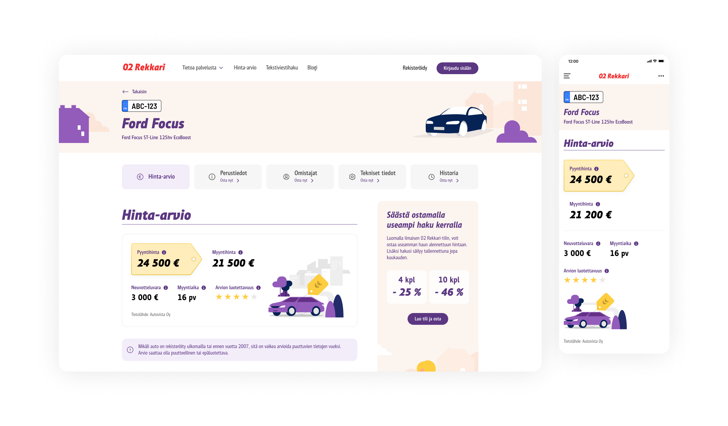 Price estimate UI. One goal of 02 Rekkari is to be informative and teach the user about what the provided information means for a car owner. Tooltips have an important role in this, for example.