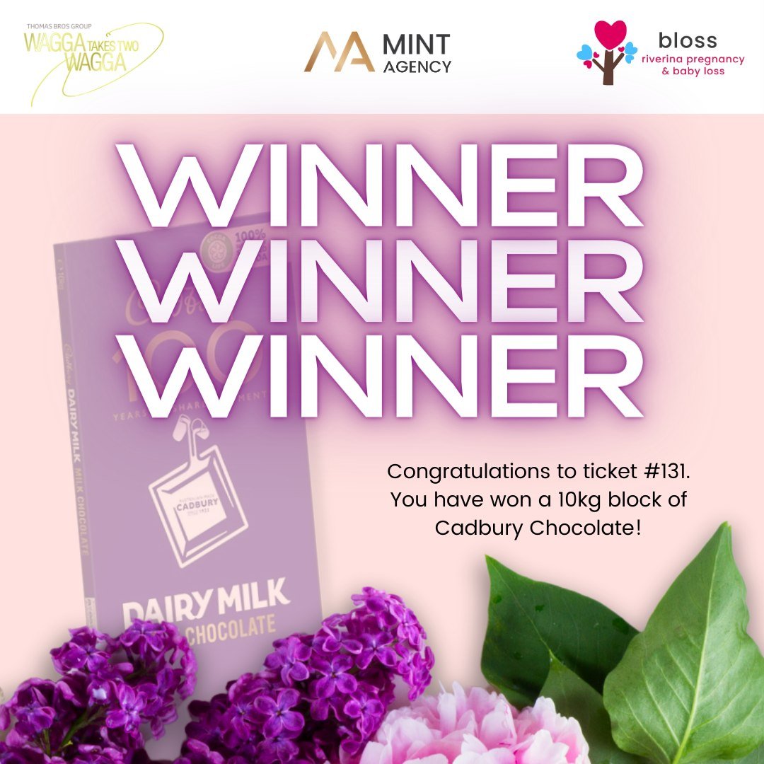 Congratulations to ticket #131 (Identity withheld). You have won a massive 10kg block of Cadbury Chocolate! See our story for a recording of the draw. 

Thank you to everyone who purchased a raffle ticket to raise funds for @blossriverina. We are awa