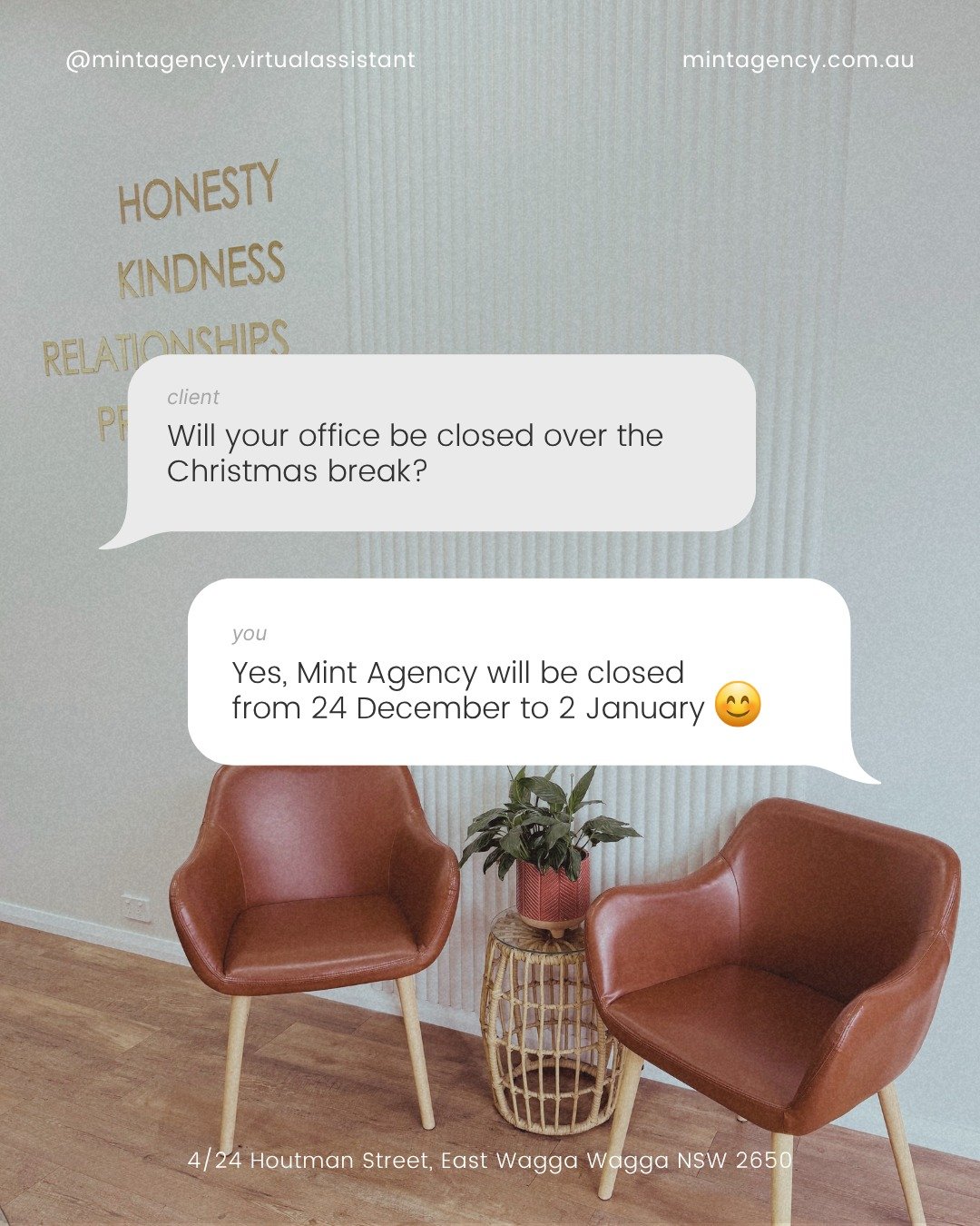 Mint Agency's office will be closed for a short break over Christmas and the New Year. Our last working day for 2025 will be Tuesday 23 December, wrapping up sometime around lunch. We'll be back Monday 5 January 2026, refreshed and ready for another 