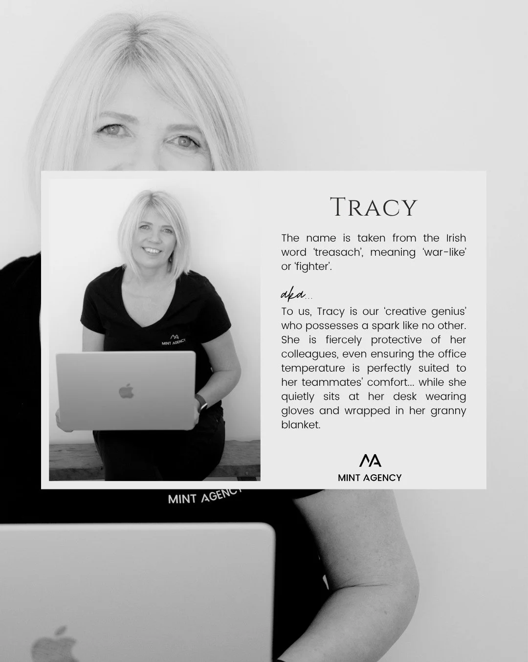 Meet Tracy 👋 

To us, Tracy is our &lsquo;creative genius&rsquo; who possesses a spark like no other. 

She is fiercely protective of her colleagues, even ensuring the office temperature is perfectly suited to her teammates' comfort... while she qui