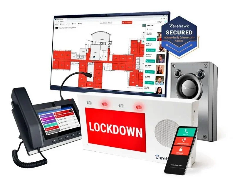 CareHawk security system components including a black control panel, two Ethernet switch modules, and a telephone handset, with a 5-year warranty badge.