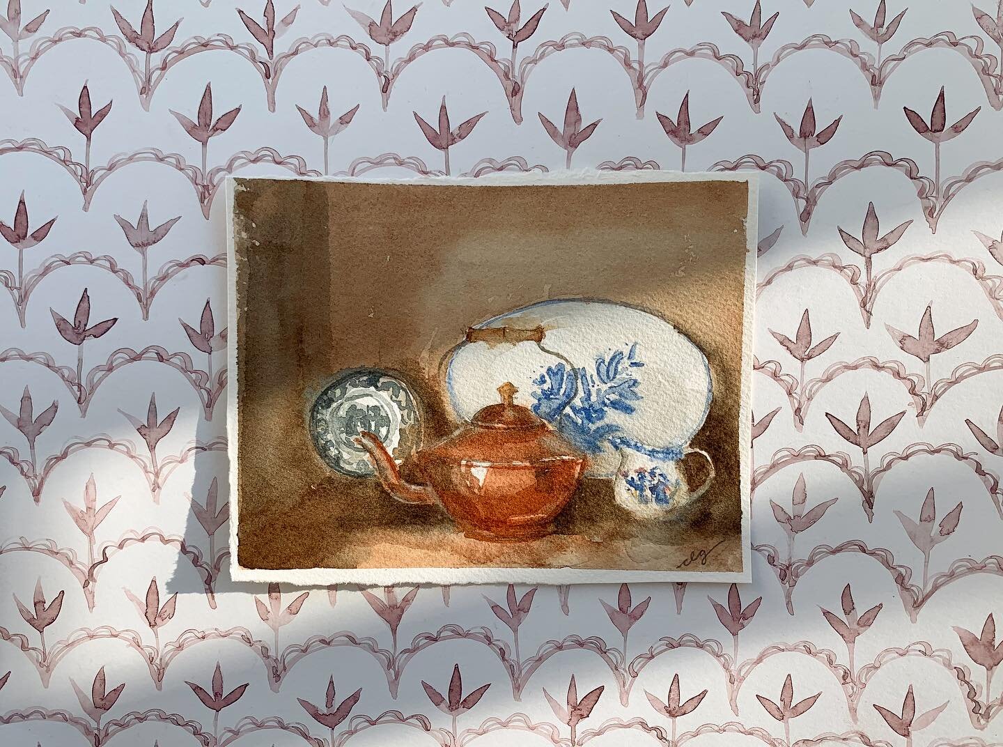 February, a tea kettle love story 🫖
I&rsquo;ll Put a Brew On | 9x12 layered watercolor on paper | The Home Collection No. 2
.
Pfaltzgraff lovers this one&rsquo;s for you! This scene on my antique hutch hints at my daily habit of afternoon tea and lo