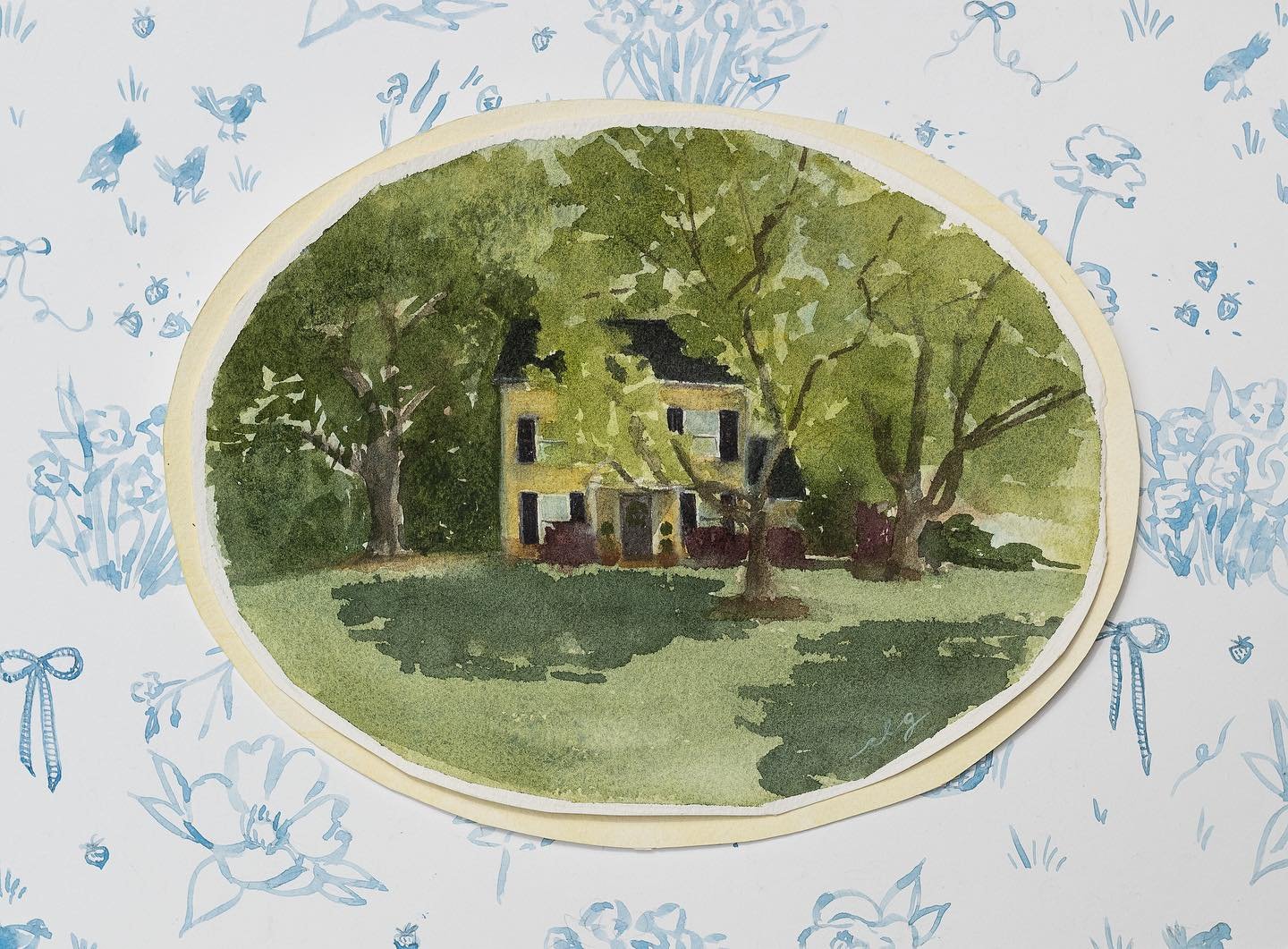 Sweet April of sunshine and dirt and strawberries and chickens and everything turning green and full. 🏡 
.
This is the fourth work from 2024&rsquo;s monthly series&mdash;Home&mdash;monthly watercolors of interiors and exteriors framed with hand pain