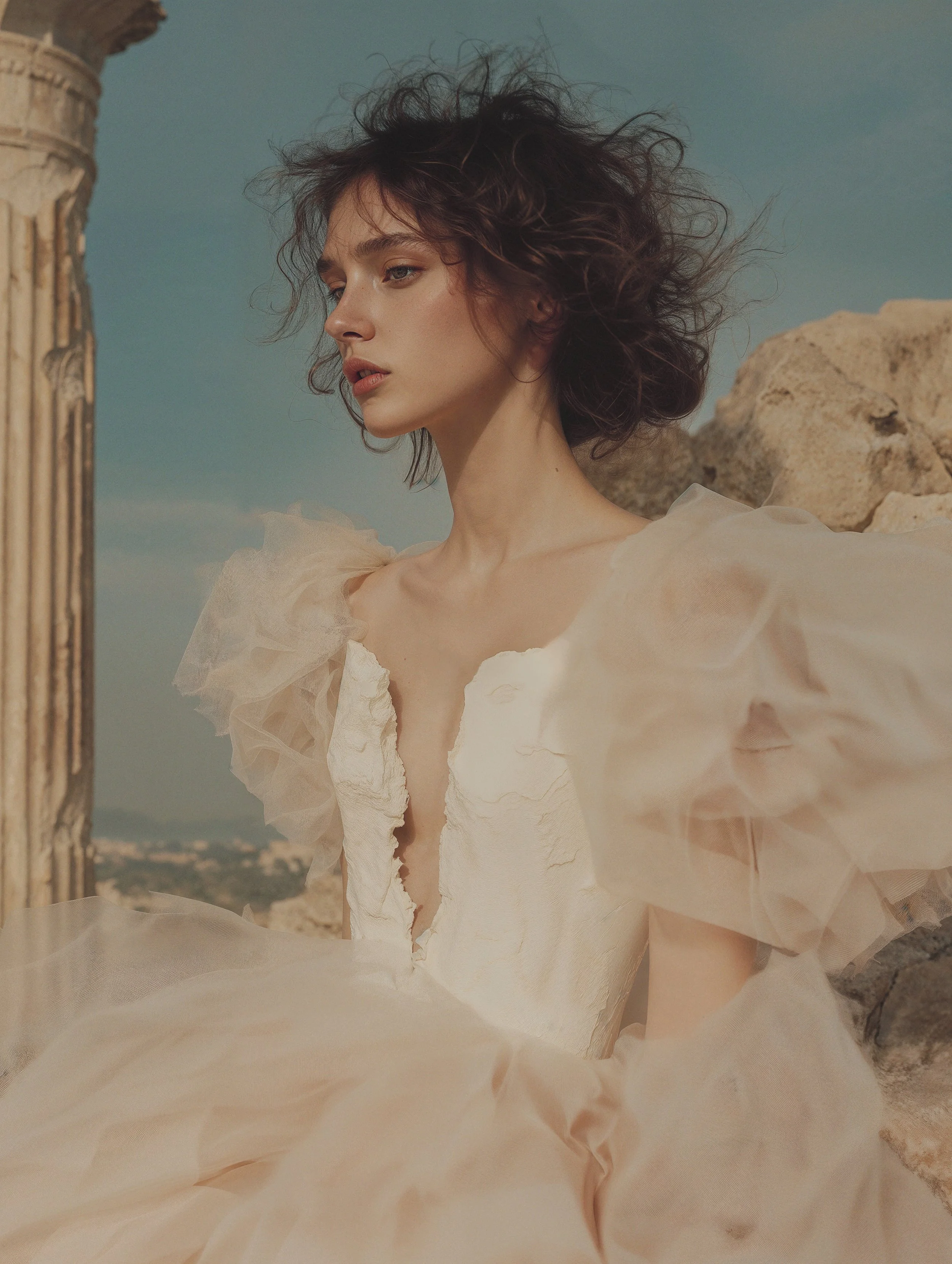 Femme avec cheveux bouclés portant une robe beige avec des épaules en tulle, se tenant près de ruines antiques, sous un ciel clair.