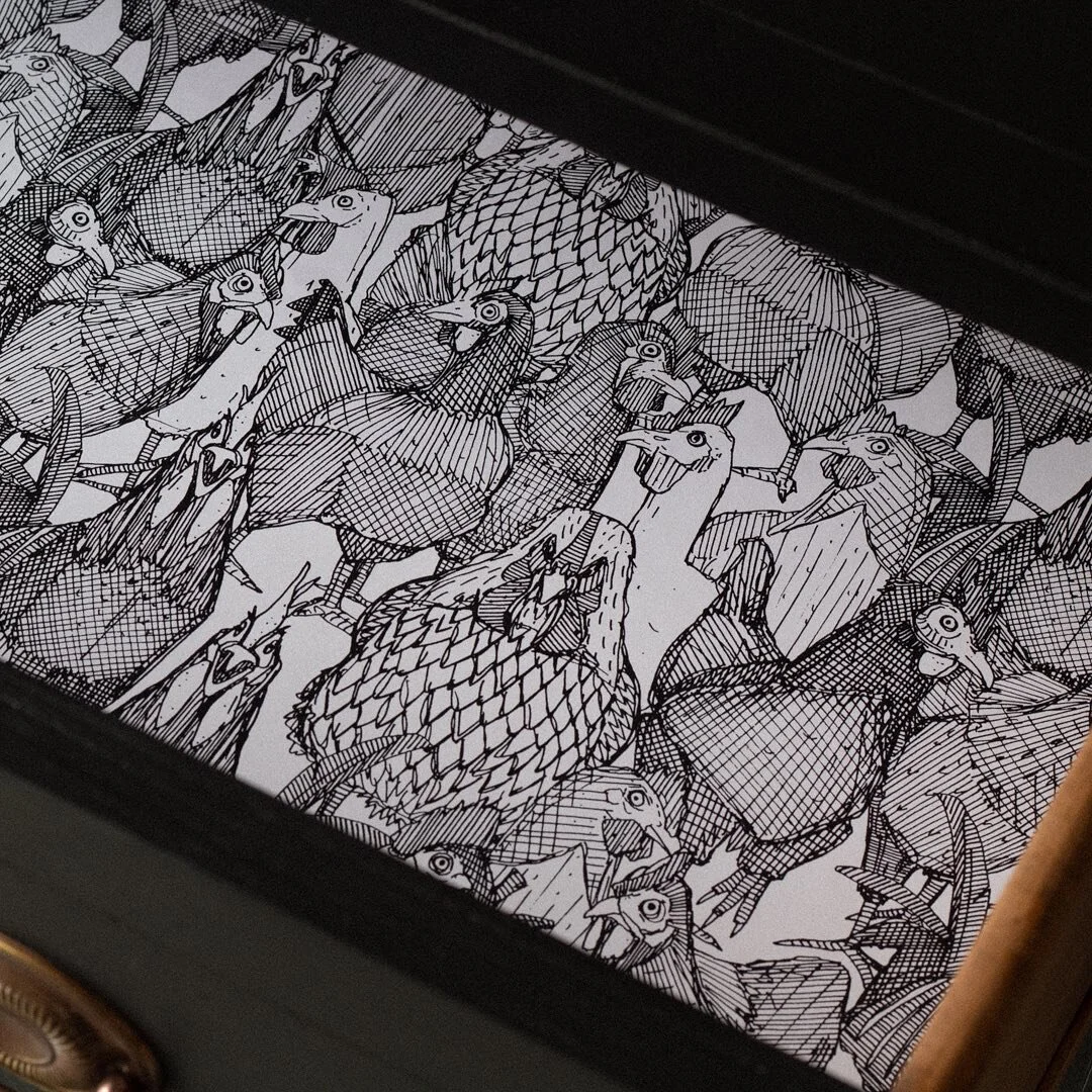Chicken drawer liner, a surprise for my husband, the chicken collector

#drawerliner #lineddrawers #chinacabinetmakeover #paperedfurniture #chickenprint #farmhousedecor #farmhousestyle #farmhousefurniture #paintedfurniture #paintedblack #refinishedfu