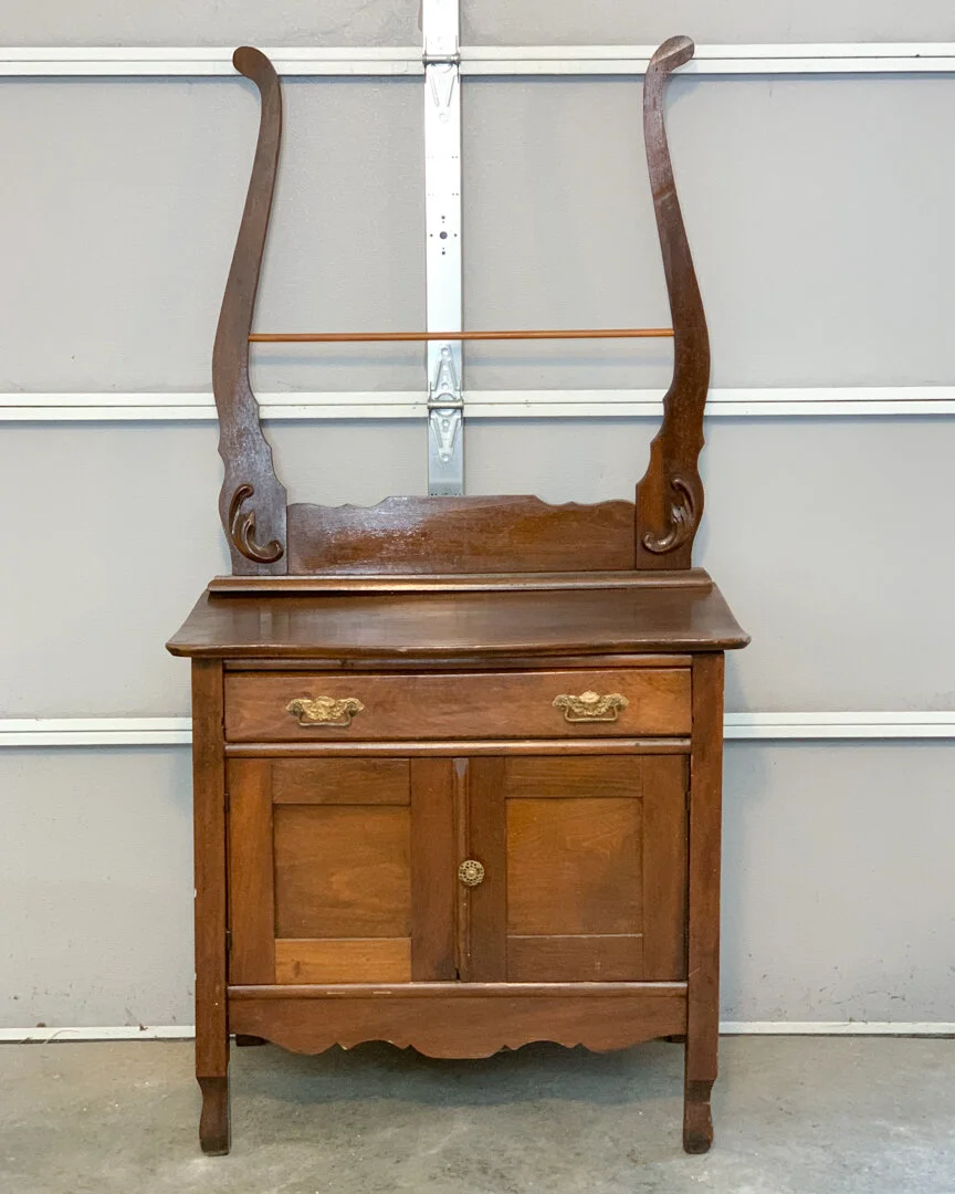 SOLD-Antique wash stand 32"W x 30"H x 19.5" D. Towel rack is 33" H.