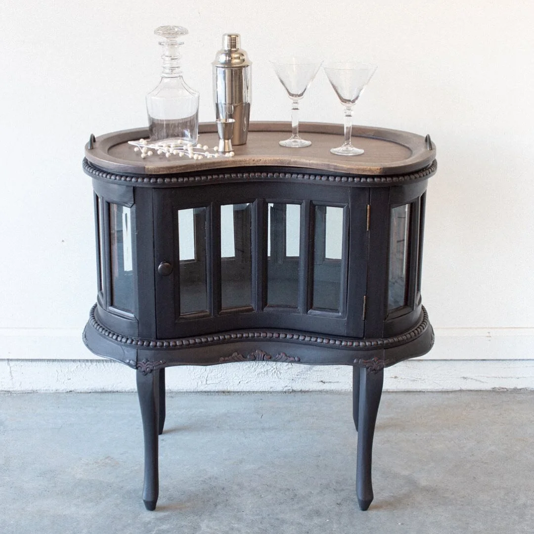 Not available-custom refinishing for a family heirloom bar cabinet that didn&rsquo;t match the family&rsquo;s  farmhouse style. I created a custom dark charcoal gray color using @countrychicpaint . Swipe for before...

#barcabinet #barcartmakeover #c
