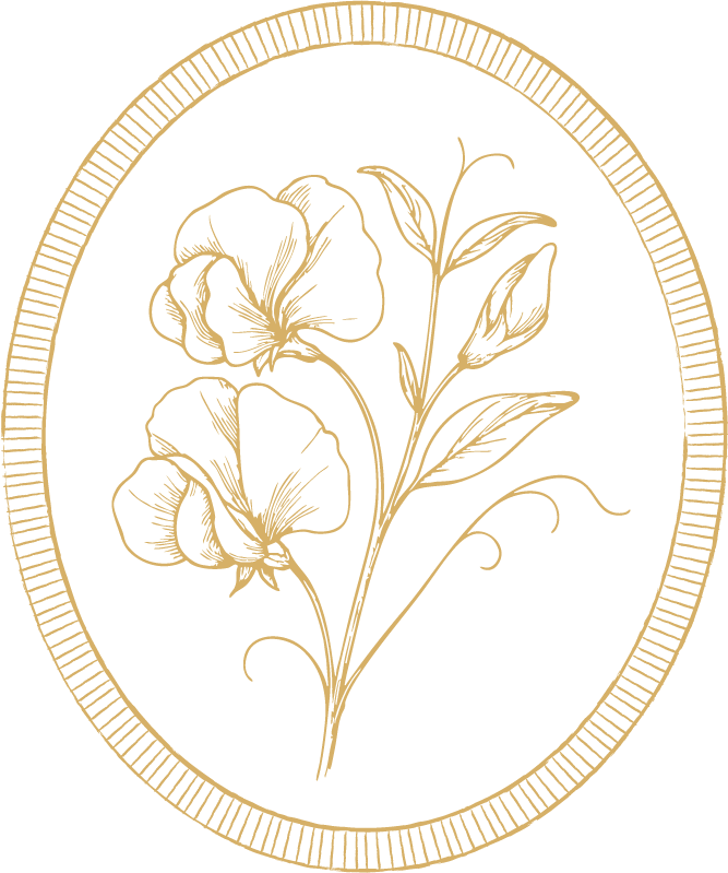 Gold floral line-art illustration with two blossoms, leaves, and curling stems inside an oval border on a black background