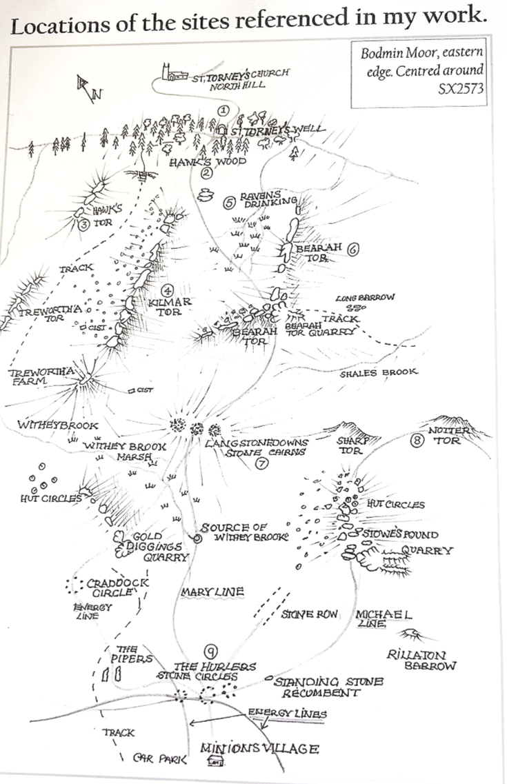 Hand-drawn map by Pete Bousfield showing Kilmar Tor, Bearah Tor, The Hurlers and other sites on the eastern edge of Bodmin Moor.