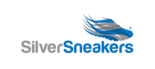 SilverSneakers logo with stylized silver and blue swoosh design above the words 'SilverSneakers' with 'Silver' in gray and 'Sneakers' in blue.