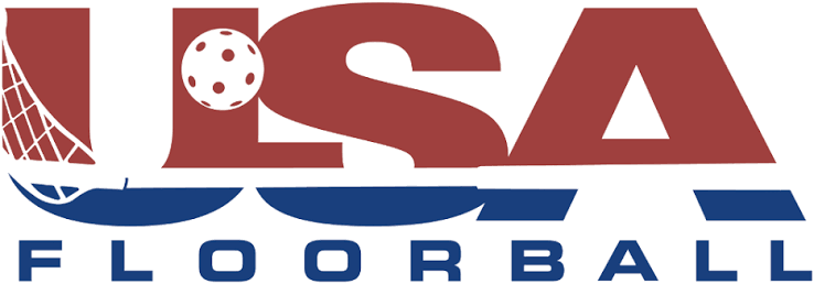 USA Floorball logo with a red and blue color scheme, featuring a stylized net and a floorball with holes.