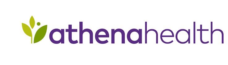 A logo for Athena Health with a green abstract leaf symbol and purple text.