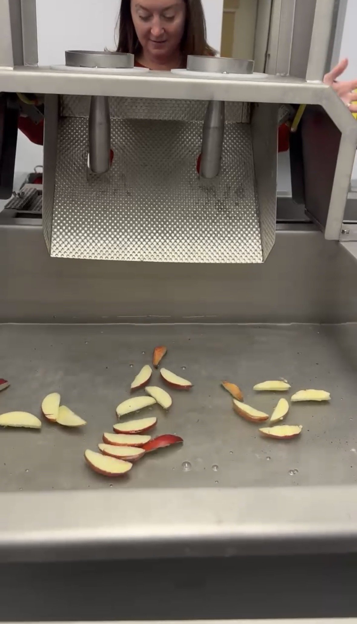A woman with long hair operatees an apple-slicing machine. A dozen apple slices are seen on a countertop in front of her.