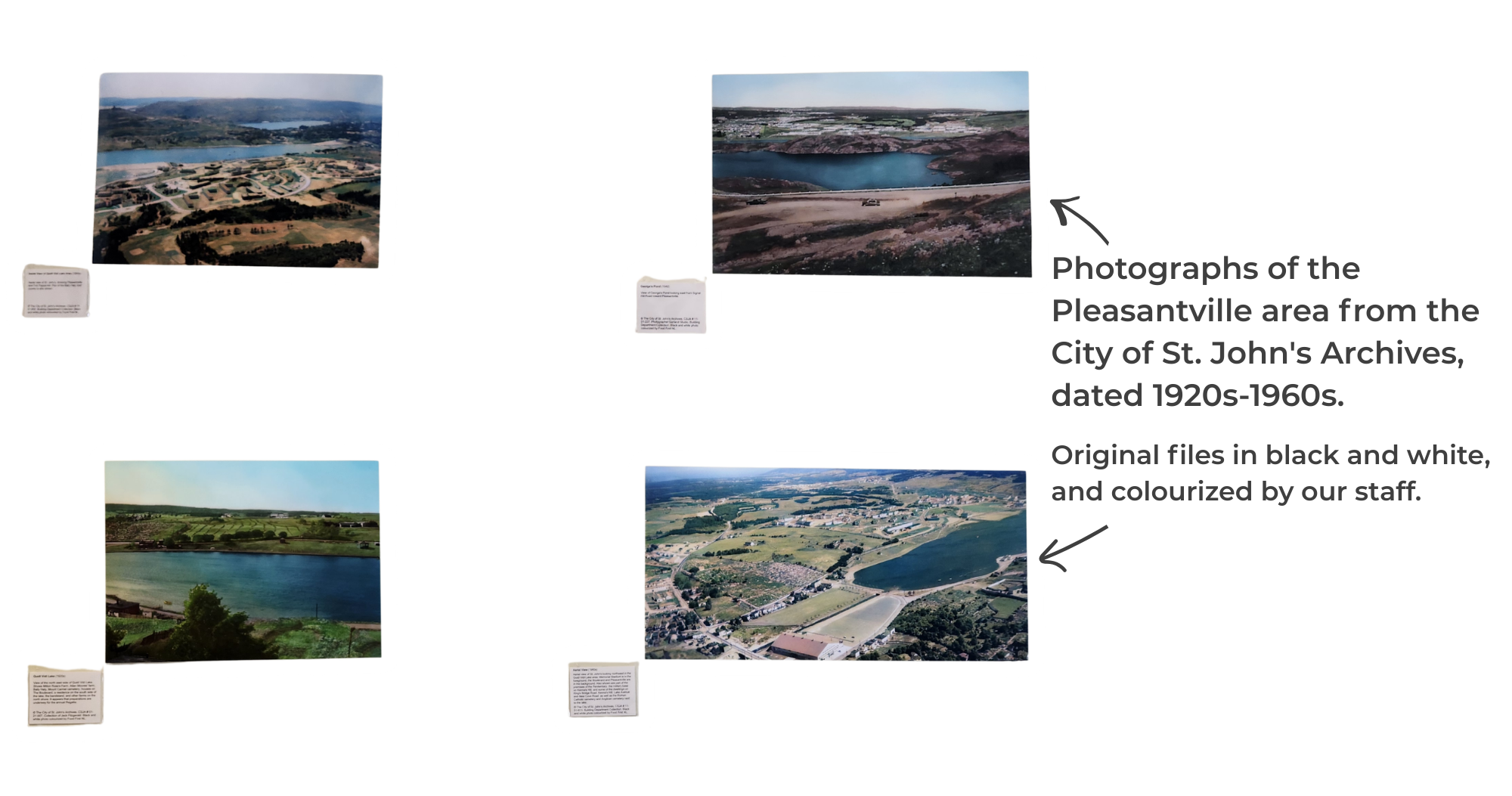 An arrangement of four archival photographs of the area surrounding Our Table/Charter Avenue that have been recoloured.