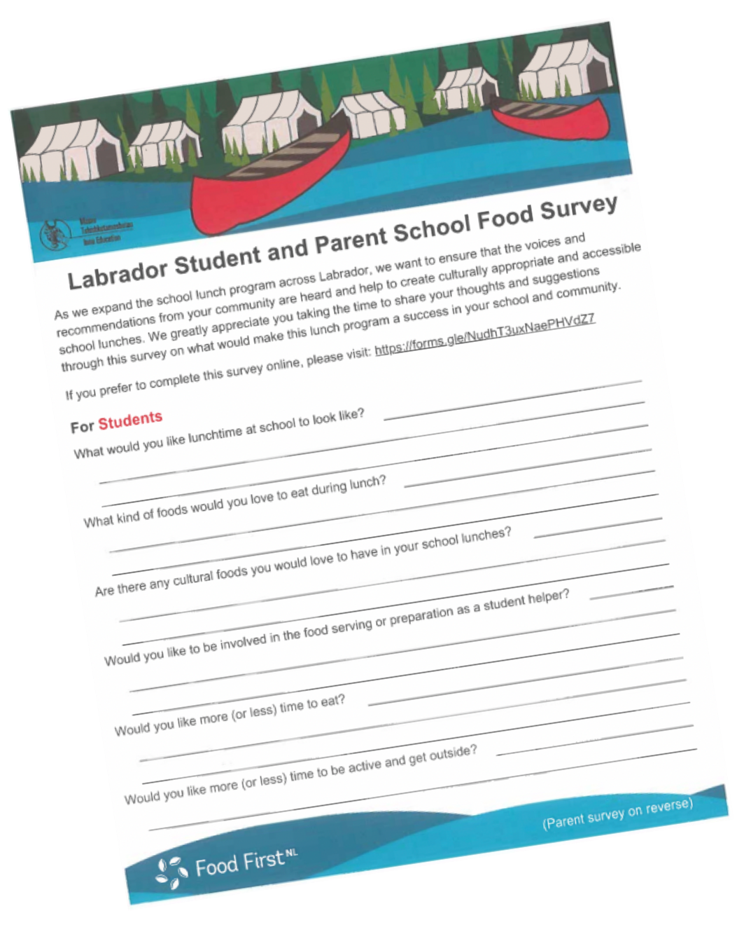Image of a school food survey decorated at top with graphics of tents and canoes on water.