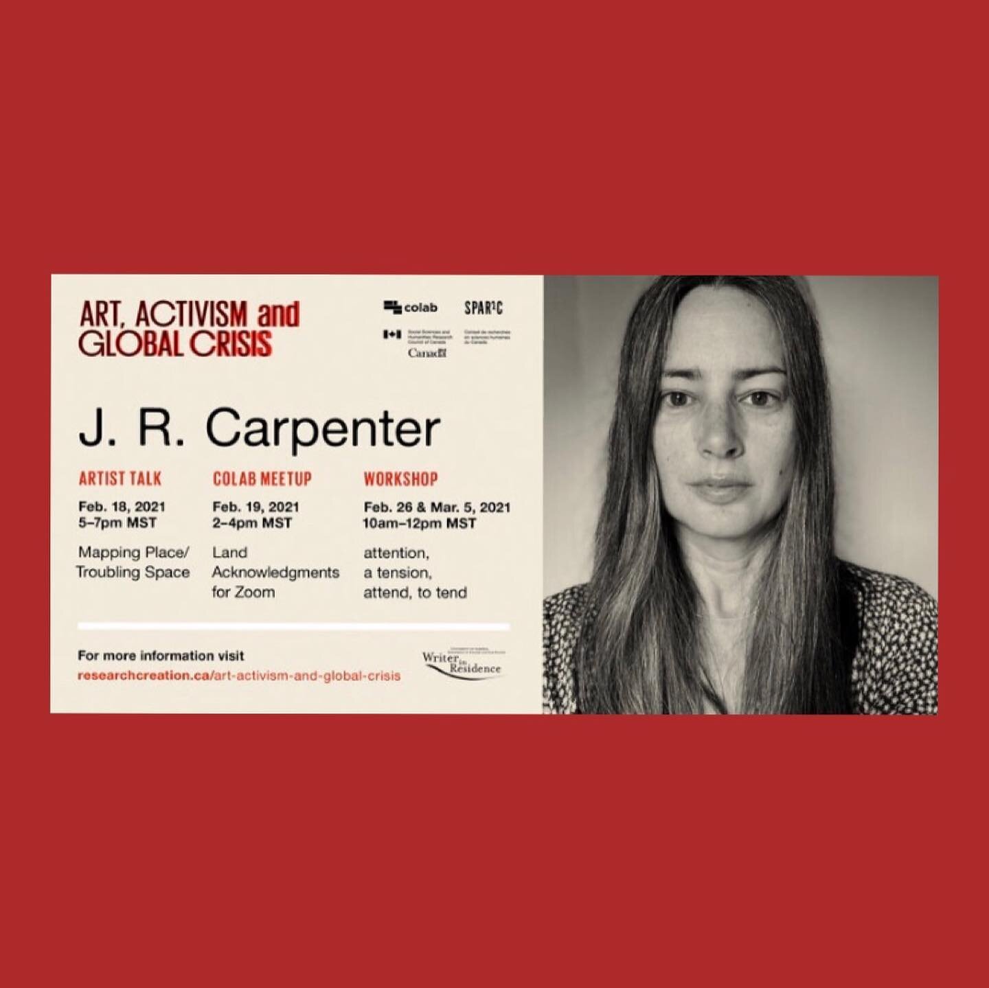 For the month of February, as part of the @researchcreation 2021 Art, Activism, and Global Crisis Speaker Series,  @jrcarpenter will be leading the discussion and workshop!
.
Please register via eventbrite in  the link found at RESEARCHCREATION.ca
.
